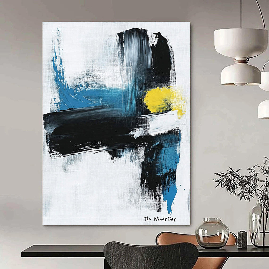 Large abstract painting in black and white with blue or yellow accents on light gray background featuring text The Windy Day.STSC1070