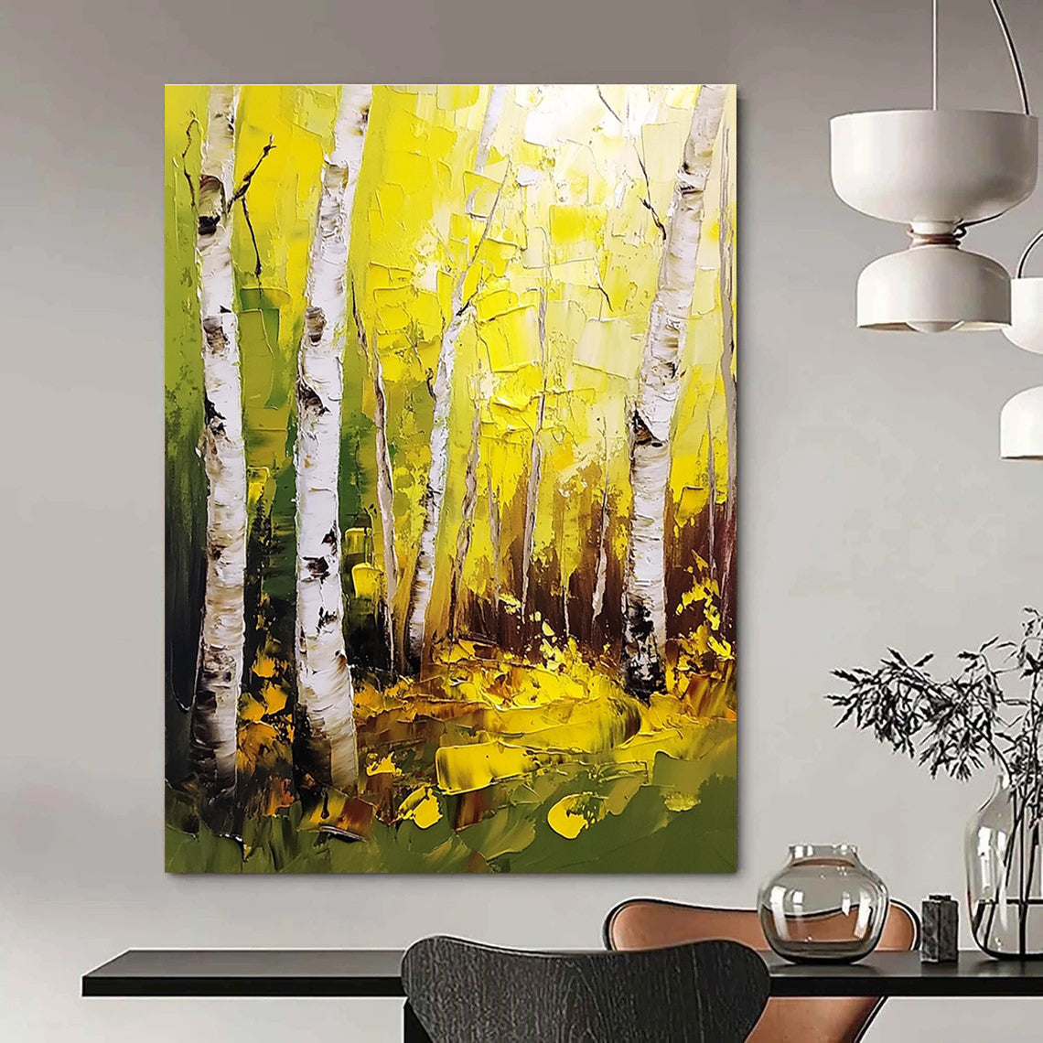 Large abstract painting of birch trees with thick brush strokes and a palette knife featuring vibrant yellow and green leaves in a forest.STSC1387