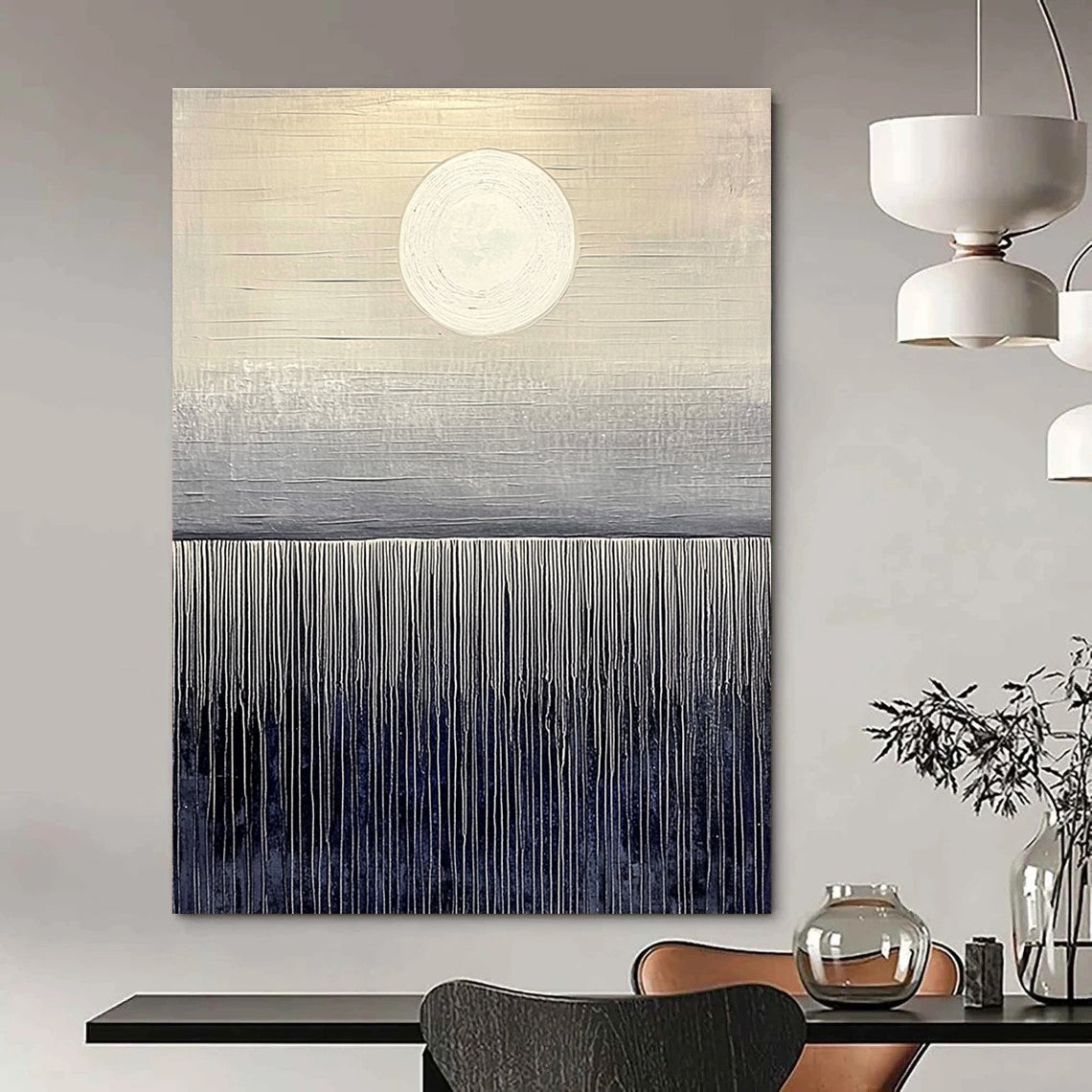 Large abstract painting featuring dark gray and light beige hues with a serene sunrise over a deep sea horizon on canvas board.STSC1030