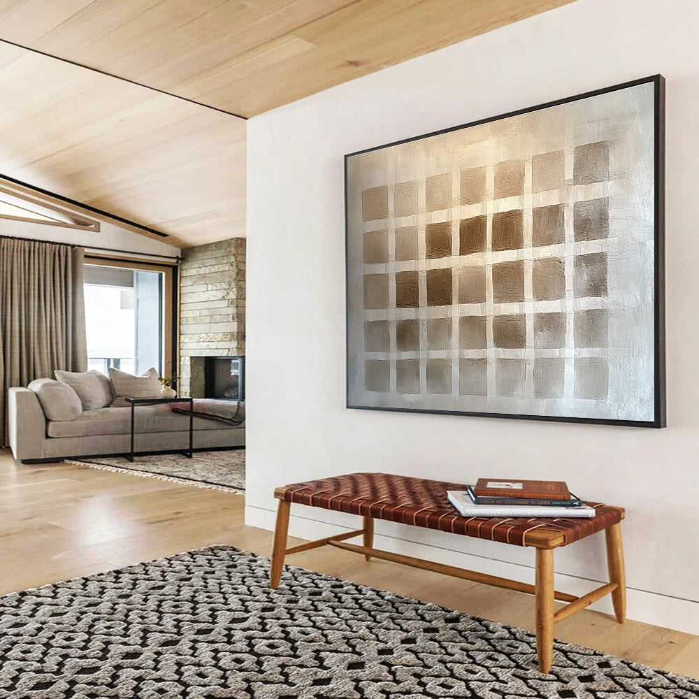 Large abstract painting featuring a symmetrical grid in brown shades, resembling woven fabric, with subtle shading for depth and texture.SC530