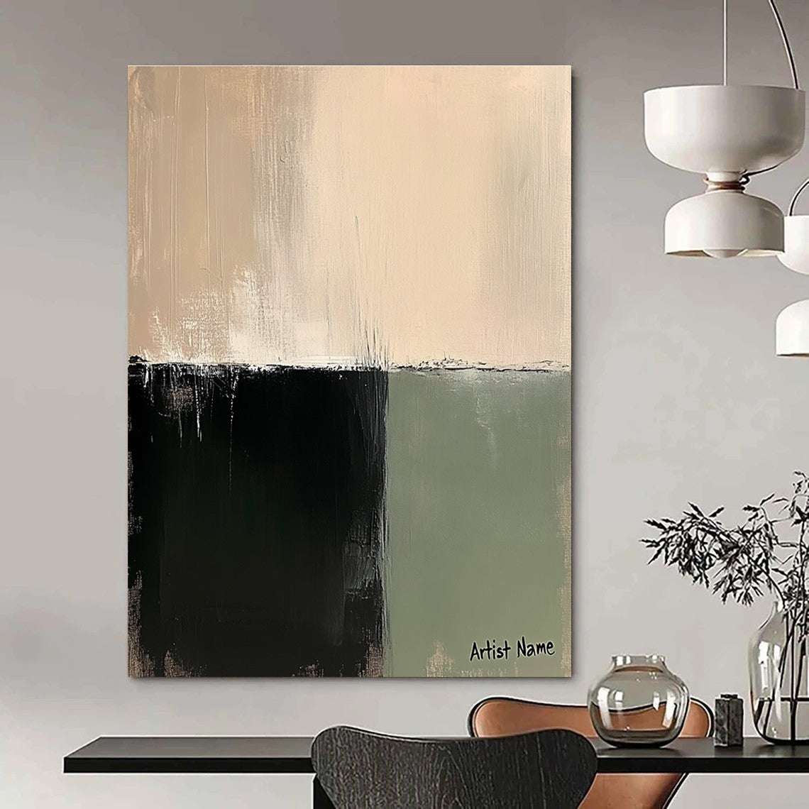 Large abstract painting in sage green and beige with soft brushstrokes creating a tranquil minimalist composition on linen.STSC1071