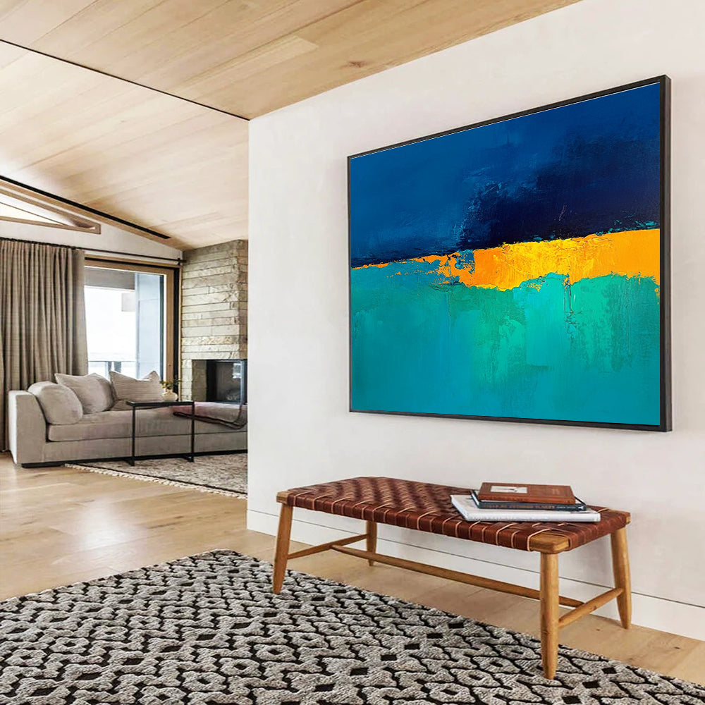 Large abstract painting in deep blue and turquoise with a golden yellow horizon perfect for enhancing modern interiors.SC524