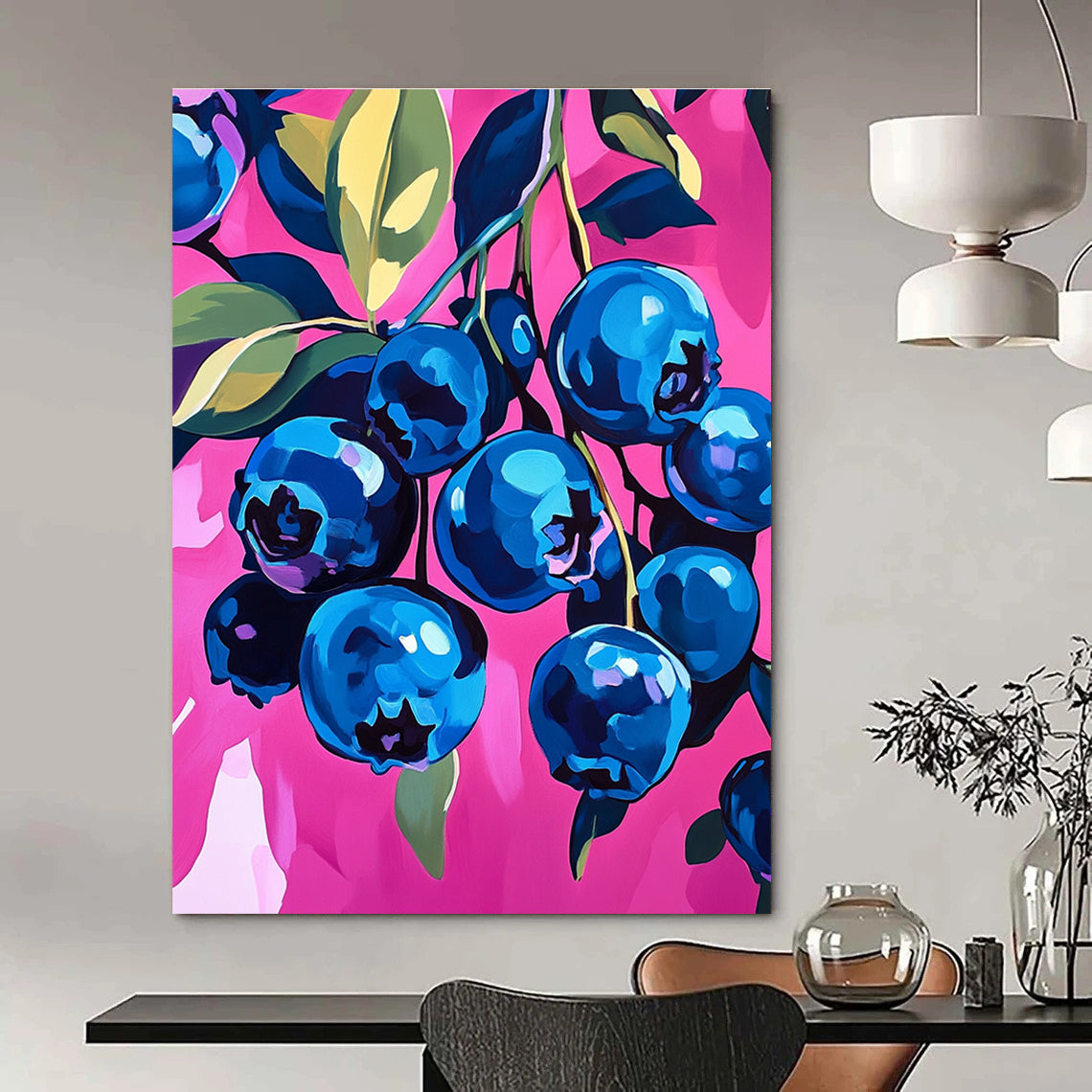 A large abstract painting of vibrant blueberries on a pink background featuring bold brushstrokes and dynamic textures that enhance any space.STSC1226