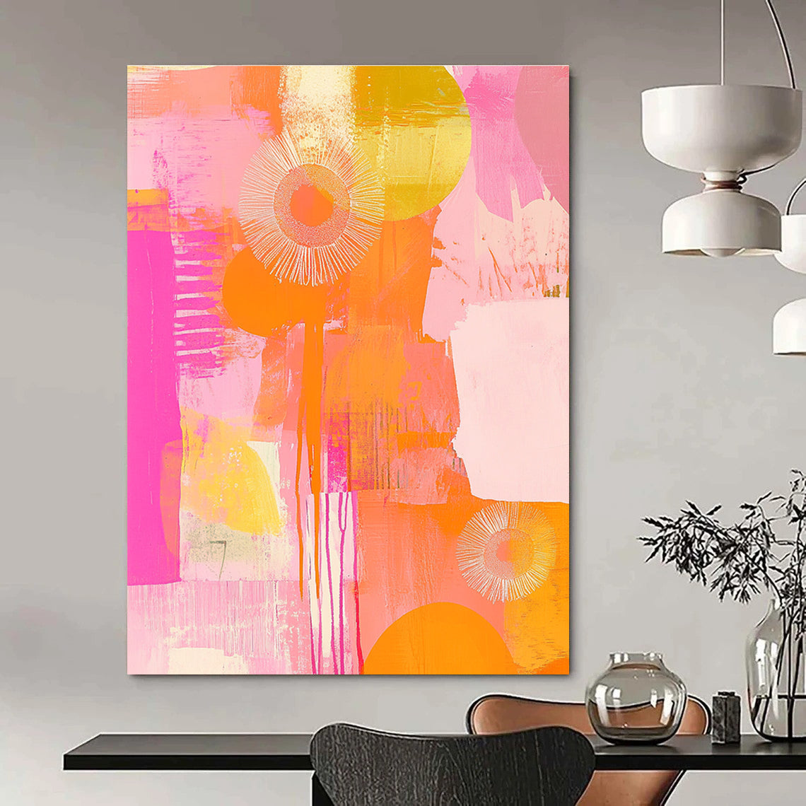 A large abstract painting featuring peach and pink tones with circles flowers and patterns radiating happy vibes in soft brush strokes.STSC1408