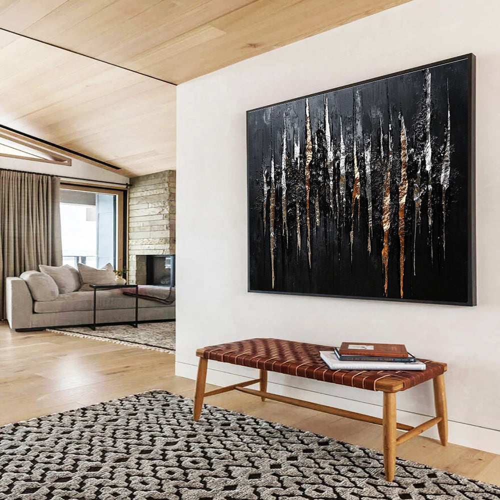 Large abstract painting featuring shiny metallic streaks of silver and bronze on a black background creating intricate organic patterns.SC019