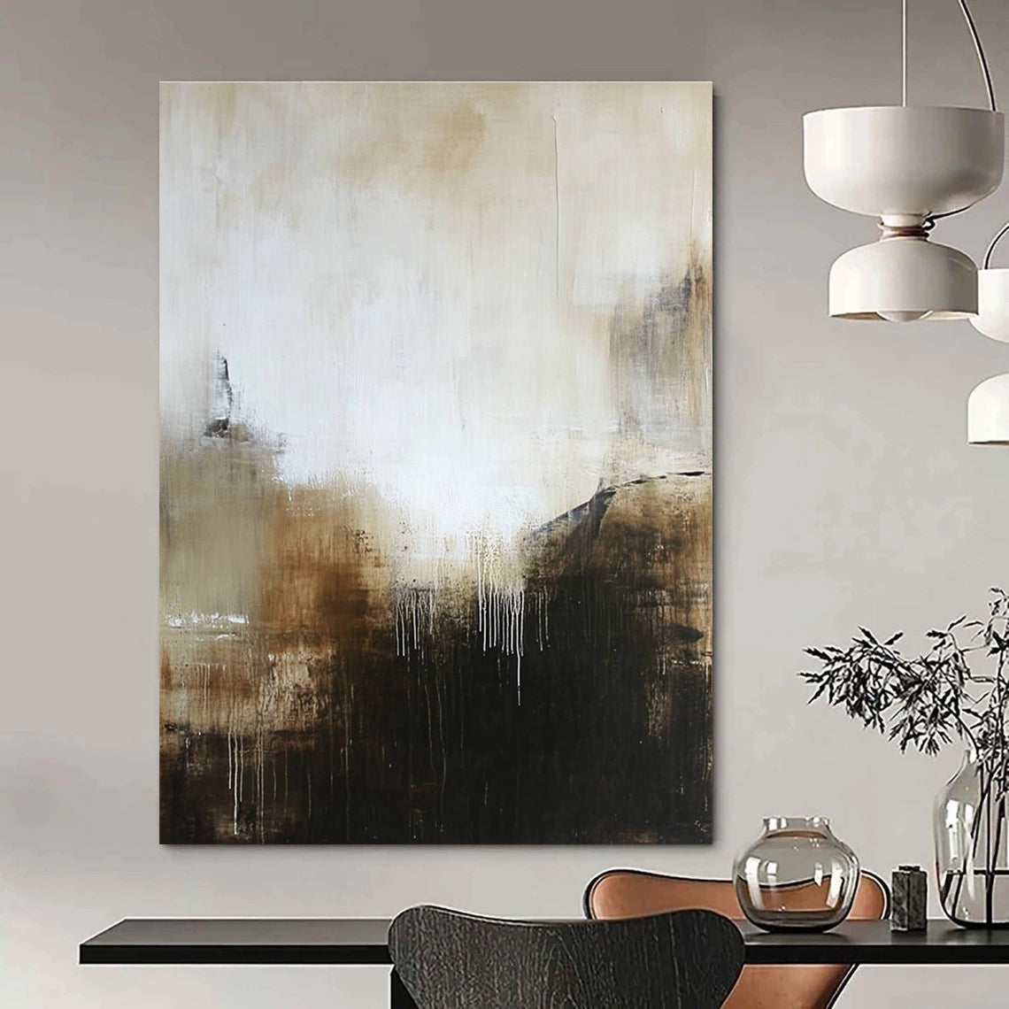 Large abstract painting in muted white and brown tones with black hints offering a mysterious and inviting atmosphere with textured layers.STSC618