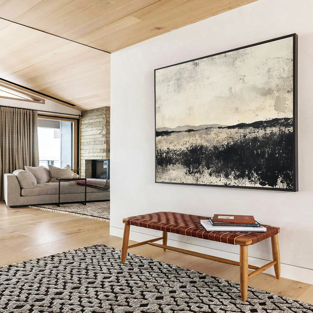 Black and White Landscape Abstract Painting with Textured Surfaces DYP176