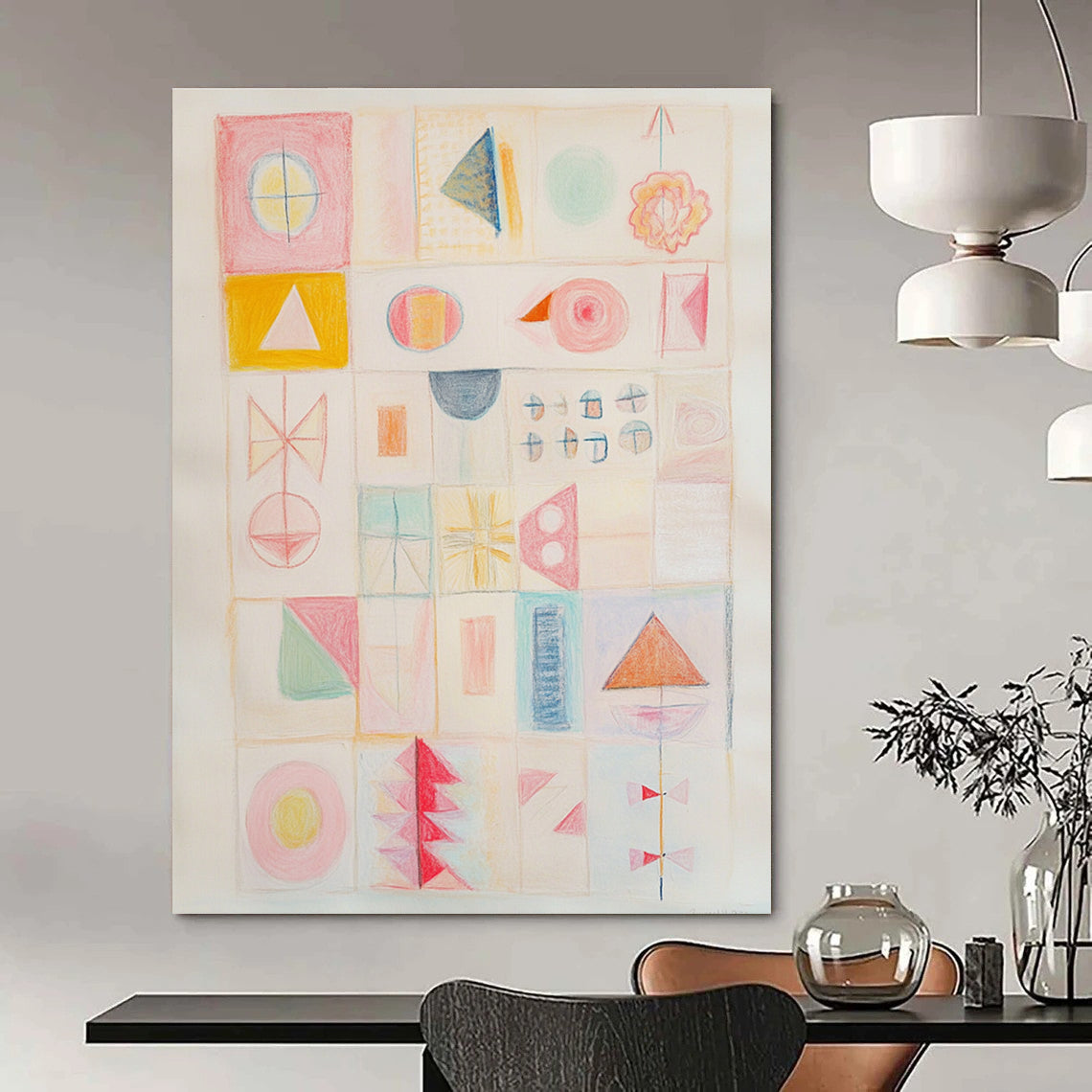 Large abstract painting in soft pastels featuring geometric shapes vibrant pink tones and lively details capturing strong contrasts and emotions on a white background.STSC985