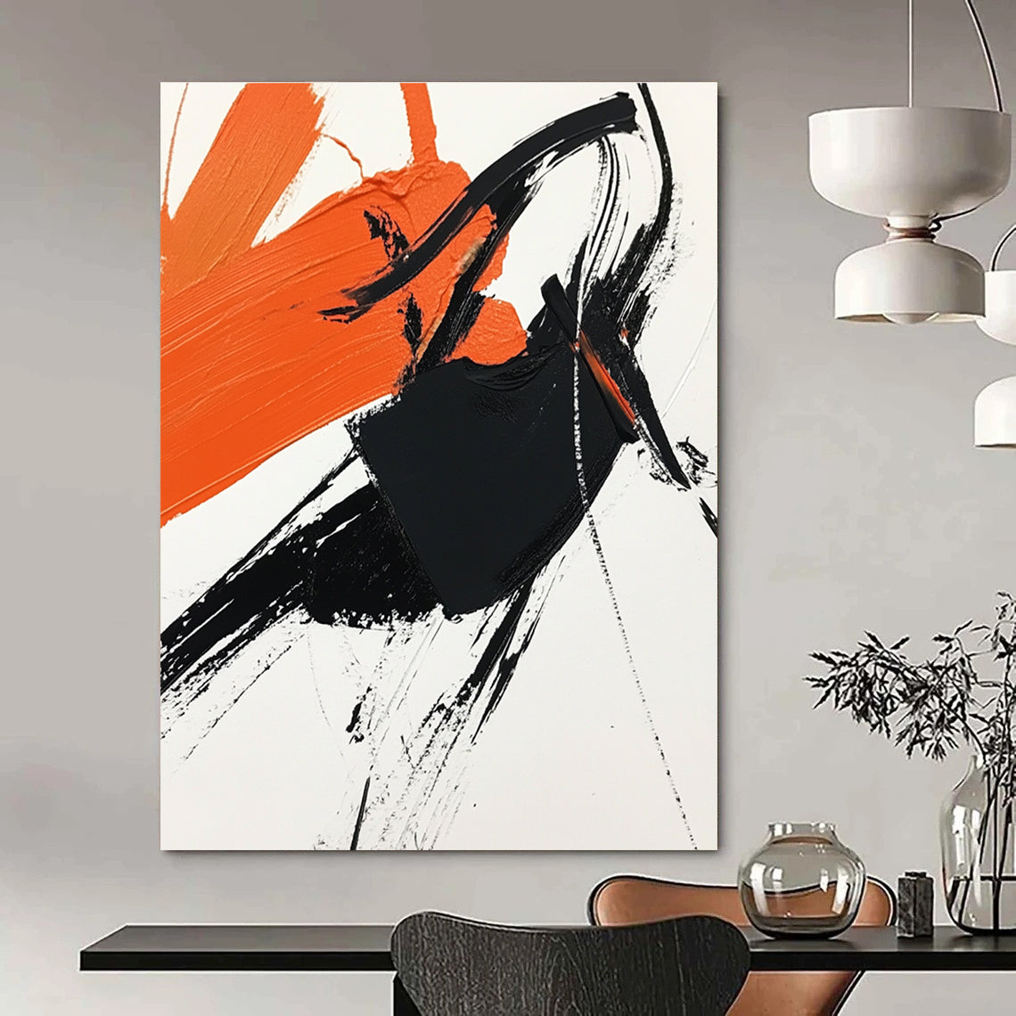 Abstract painting featuring black and orange on white paper with a cheering figure celebrating victory in a simplistic yet vibrant composition.STSC1274