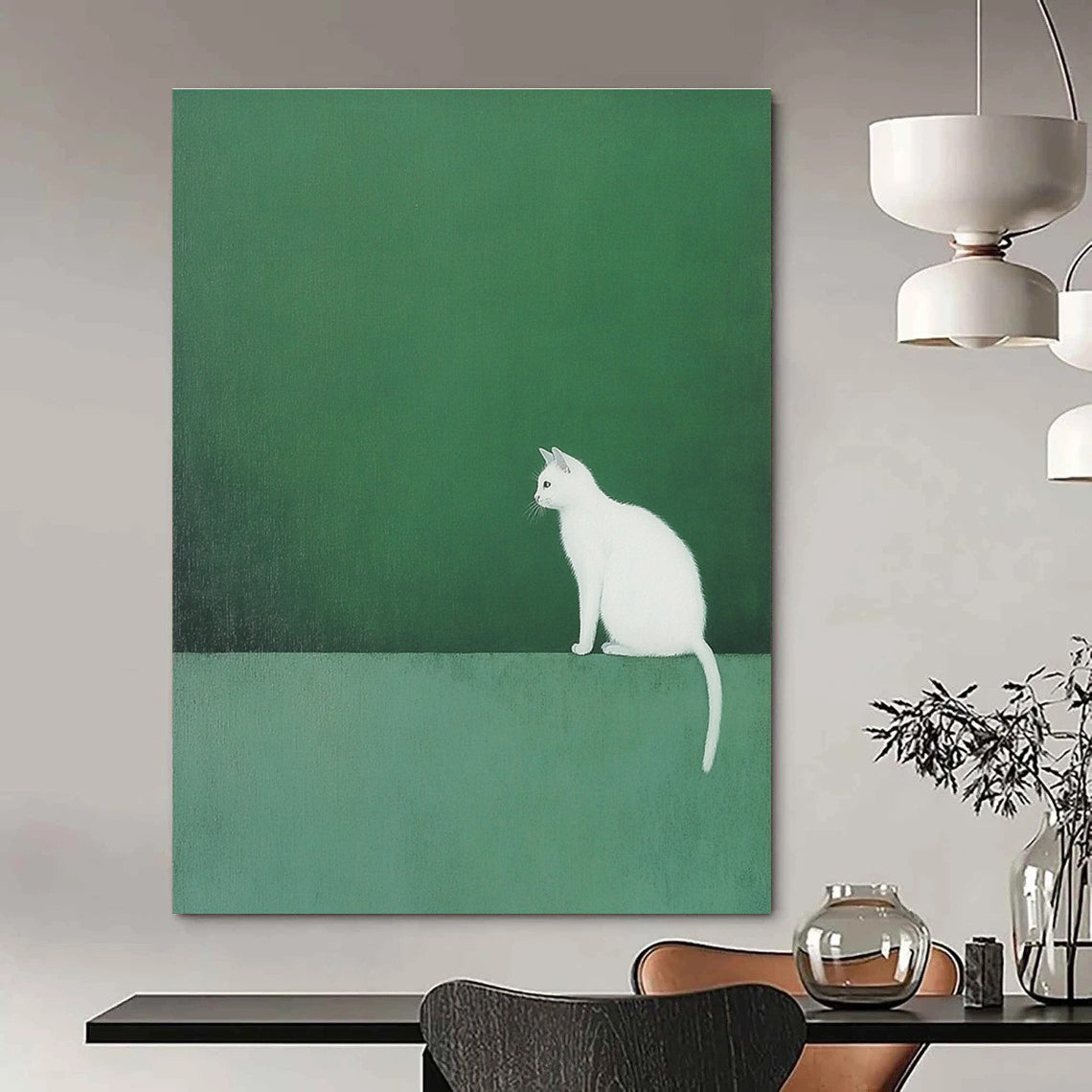 An abstract painting featuring a white cat on a green backdrop in minimalist style with ultra-fine details and matte texture.STSC1249