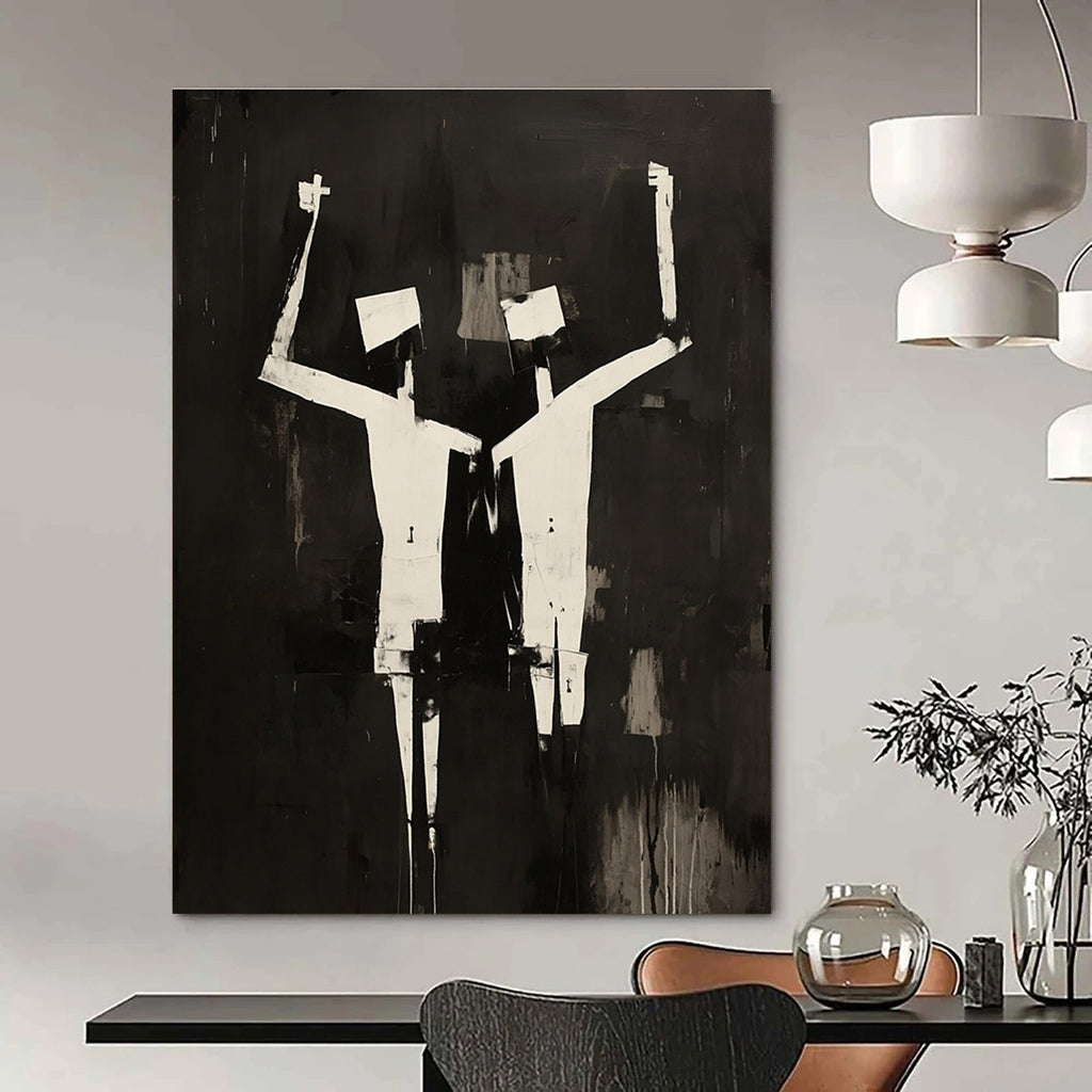 Large abstract painting featuring two figures in black and white oil, inspired by Robert Motherwell with cubist elements.STSC1145
