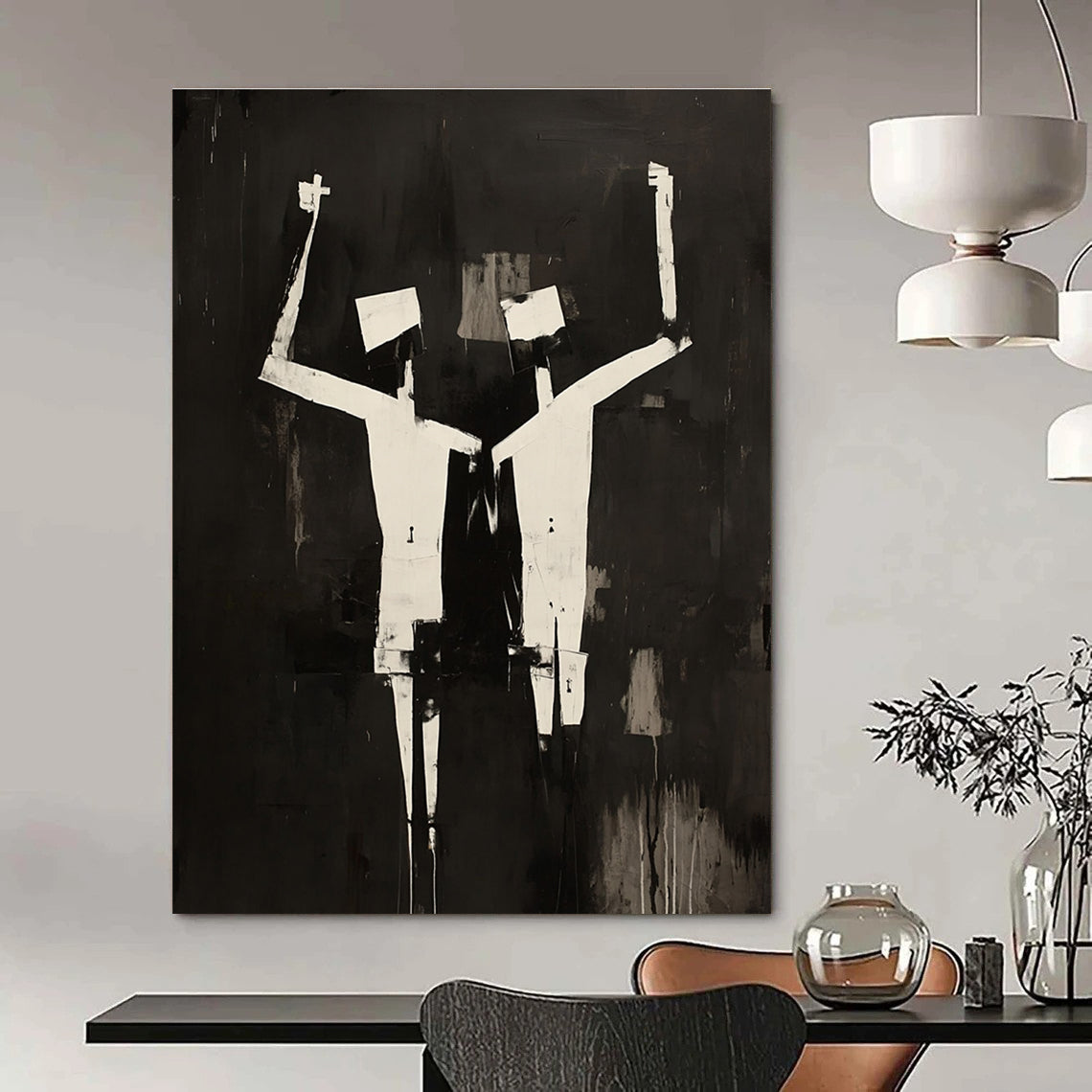 Large abstract painting featuring two figures in black and white oil, inspired by Robert Motherwell with cubist elements.STSC1145