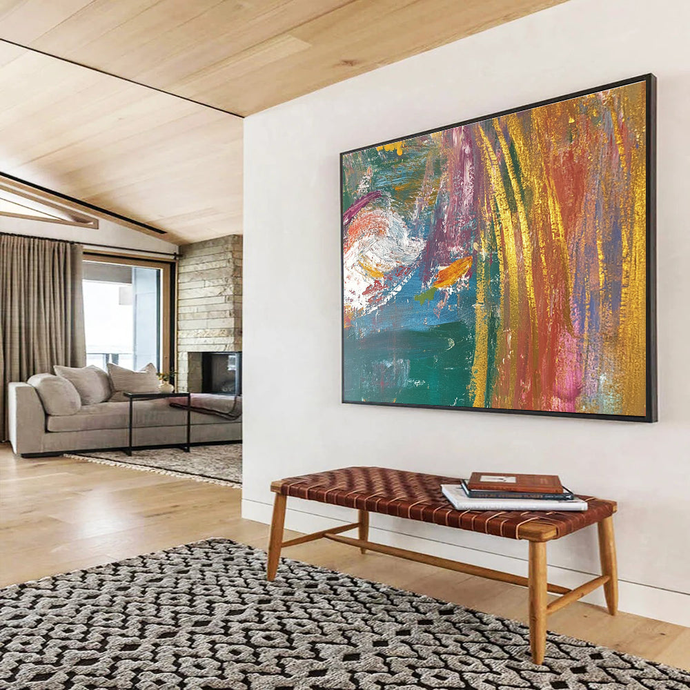 Large abstract painting with layered textures and vibrant colors featuring two fish in motion within a dynamic background.SC442