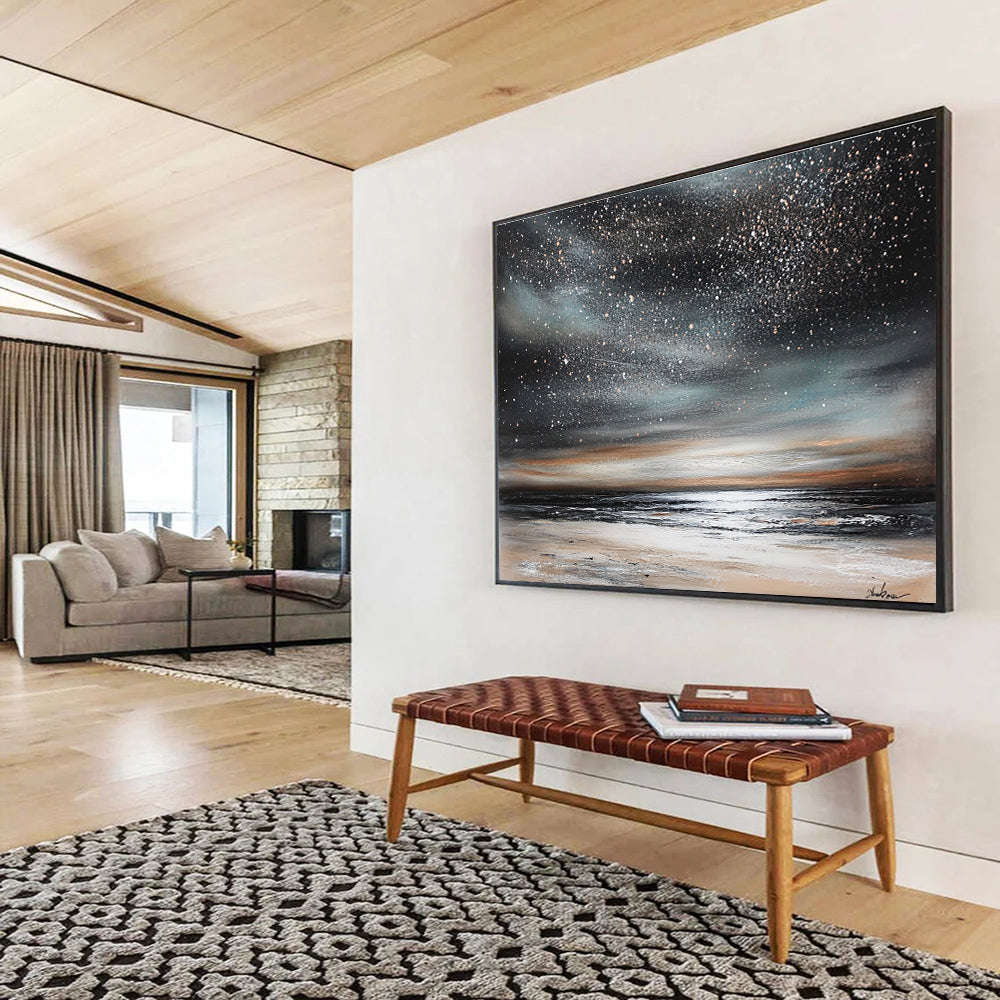 Starry Night Beach Abstract Painting with Dark and Shimmering Tones DYP120