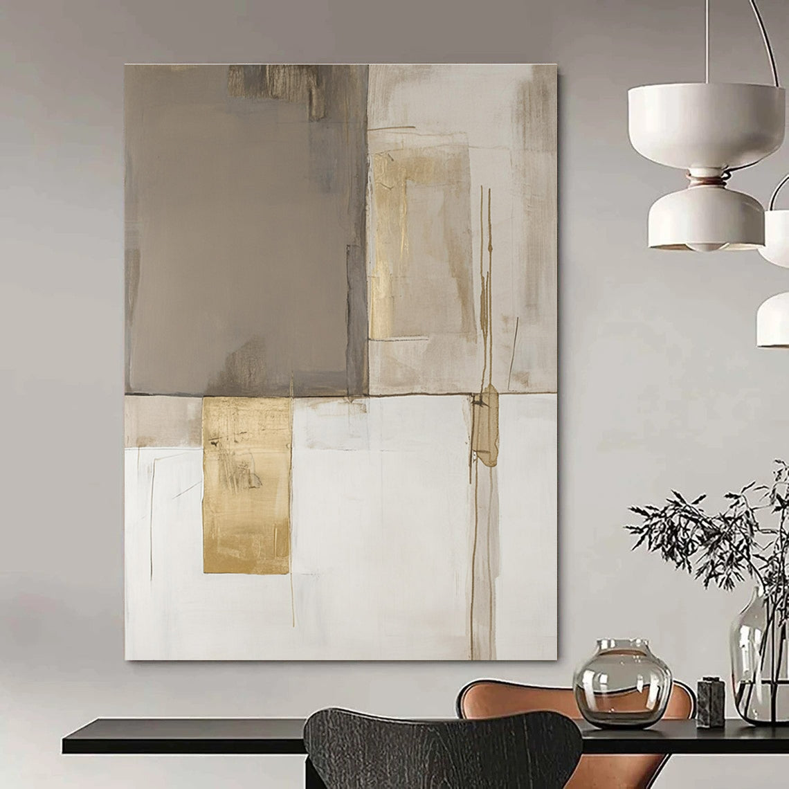 Large abstract painting in minimalist style featuring beige and white blocks with gold accents in soothing neutral tones.STSC245