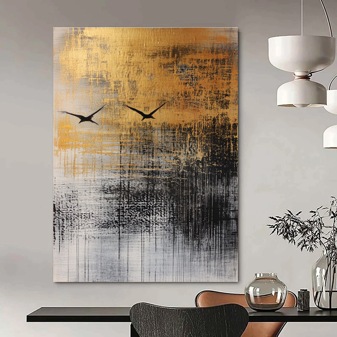Large abstract painting featuring fluid ink wash techniques, textured materials, and a black bird in flight against a neutral autumnal background.STSC047