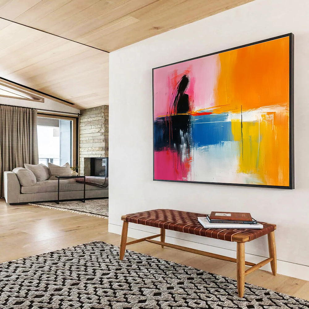 Large abstract painting featuring pink yellow orange and blue tones with a calm sea and sunset in a minimalist style.SC250