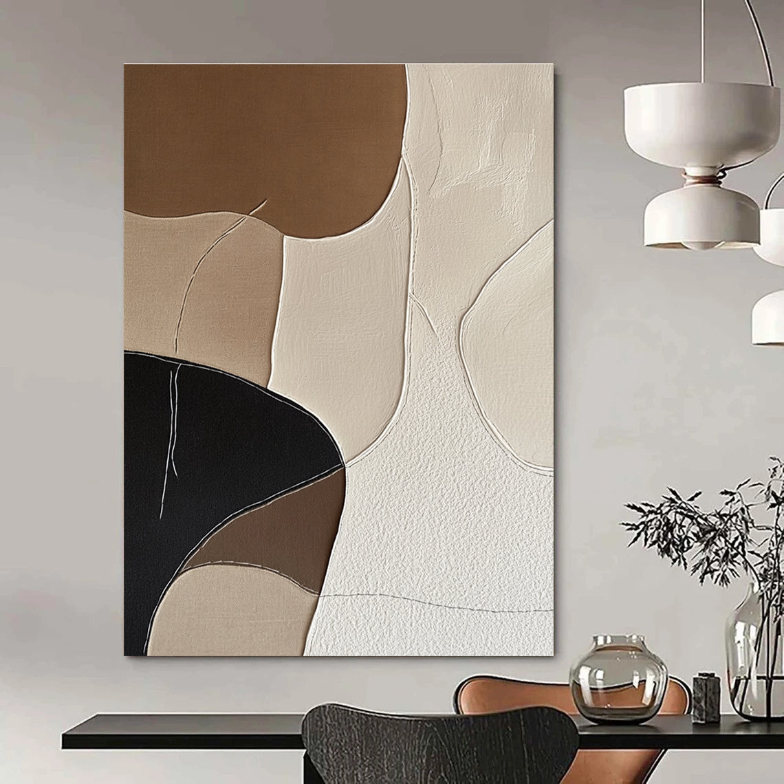 Large abstract artwork featuring minimalist Japandi style with hand-stitched organic shapes in neutral shades of beige black and white.STSC1337