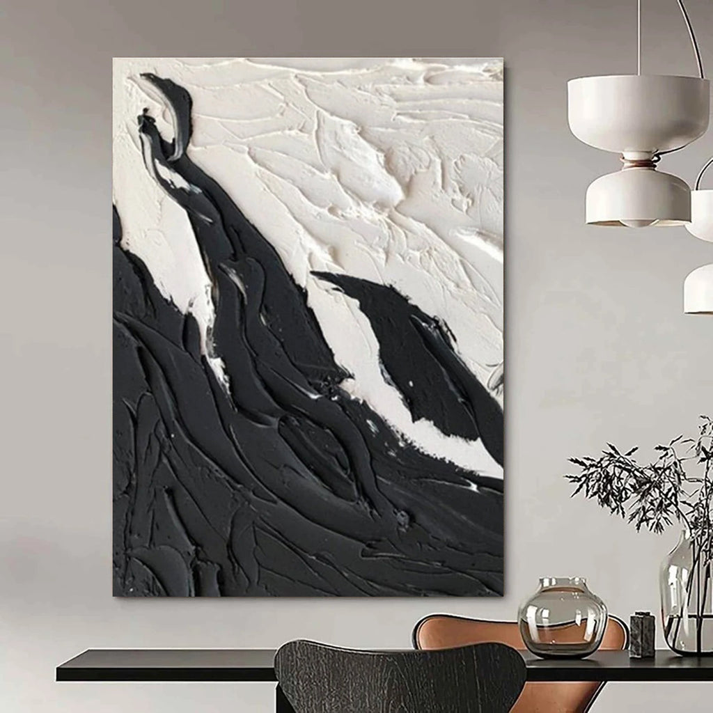 Black and White Textured Abstract Painting with Mountain - like Forms ADGE404