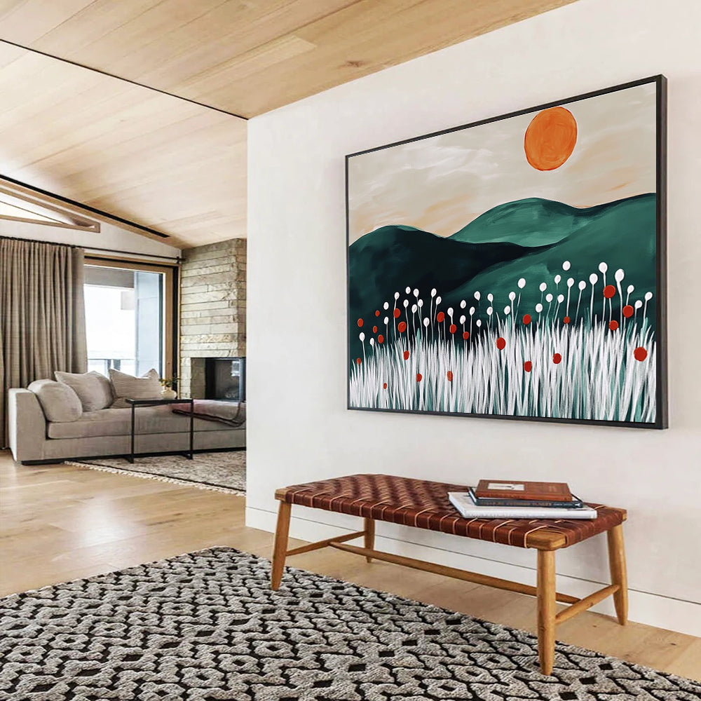 A large abstract painting featuring dark green hills white wheat stalks red flowers and an orange sun inspired by Matisse's minimalist style.SC465