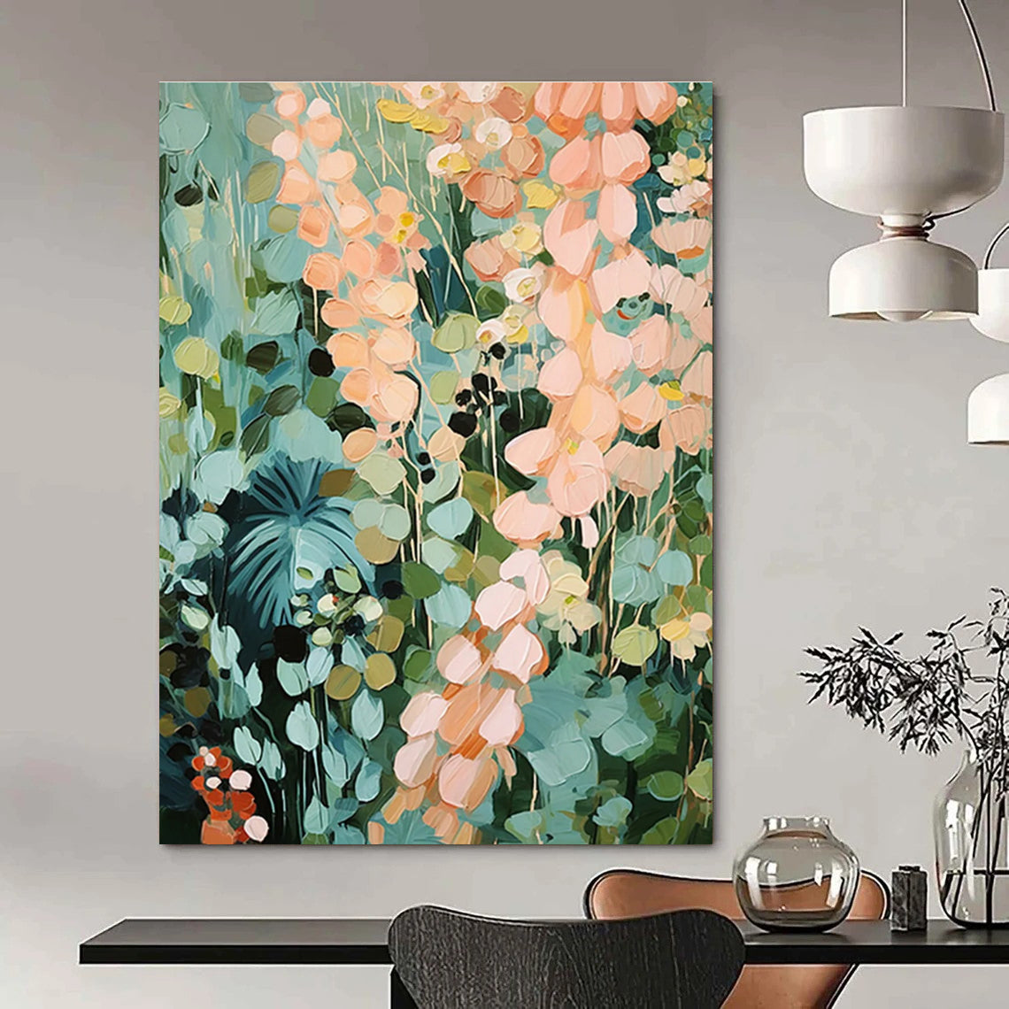 Dreamy Floral Abstract Painting with Light Blue and Peach Tones ADGE428