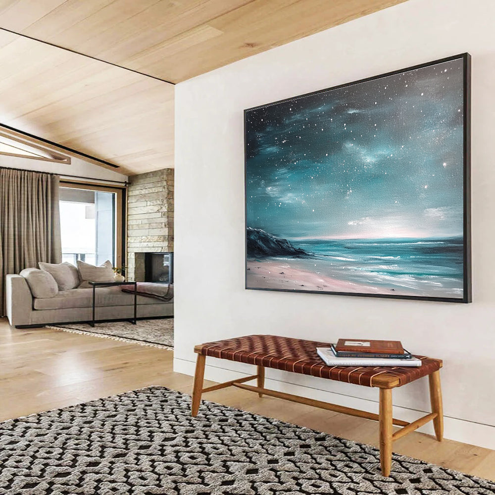 Coastal Starry Night Abstract Painting with Teal and Pink Tones DYP556