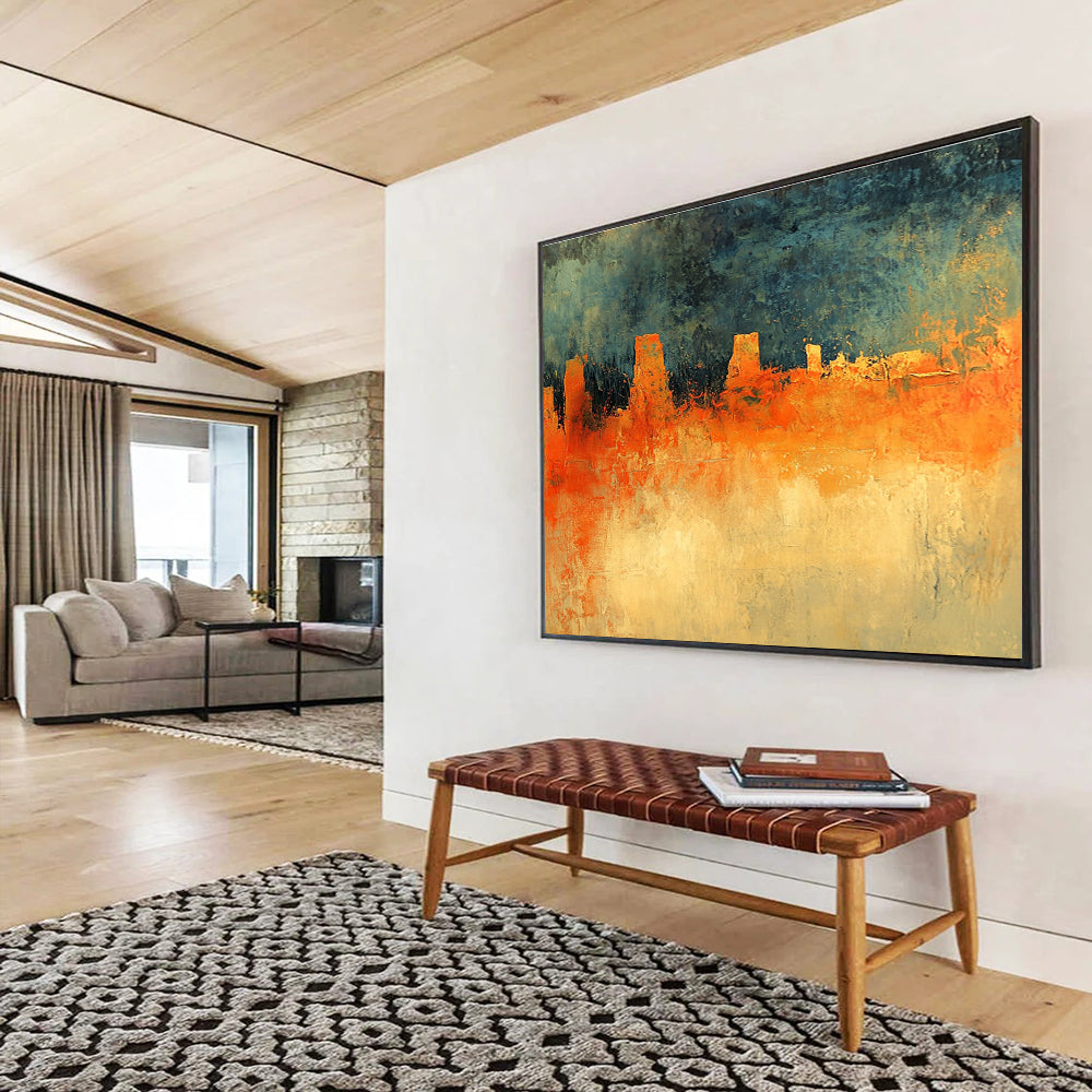 Abstract painting featuring an orange and green landscape under a dark blue sky with grey clouds inspired by Richard Schmid's style.SC165