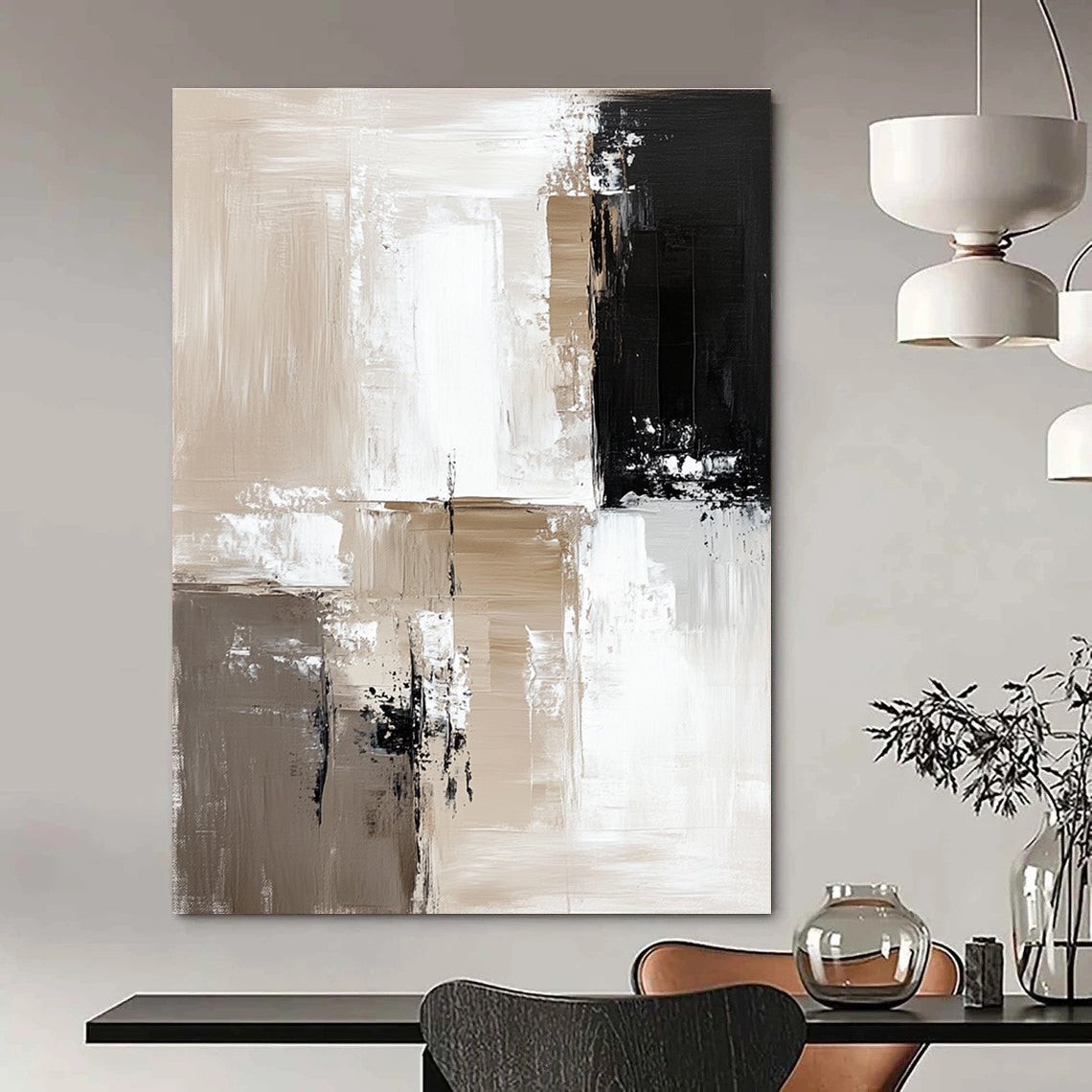 Large abstract painting featuring beige and white color blocks with thick brush strokes and black accents on a neutral background in minimalistic oil paint.STSC411