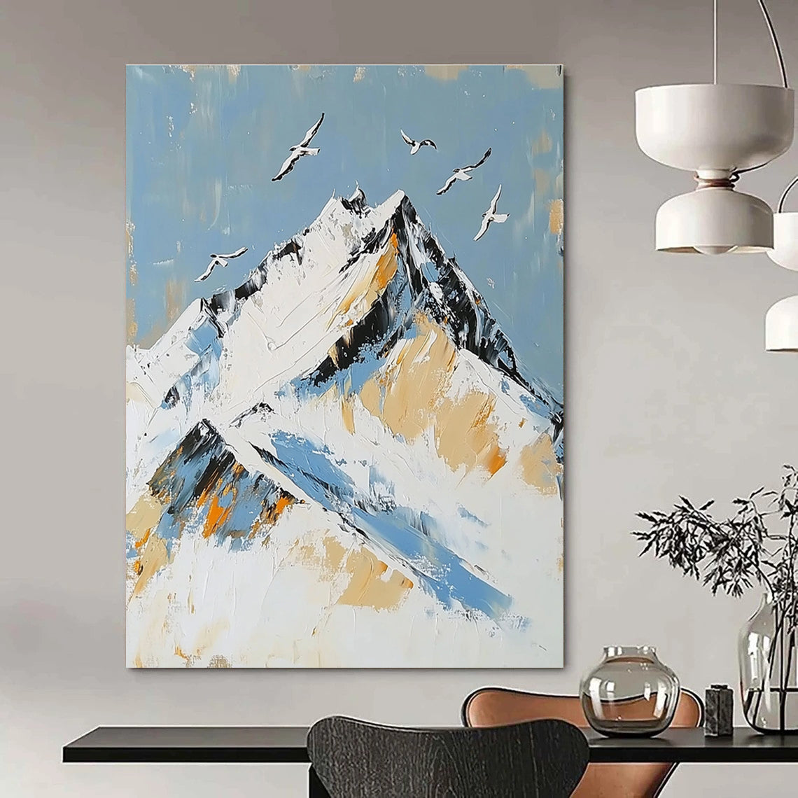 Large Abstract Painting featuring Snowy Mountain Peak with Birds in Flight accented with Gold in Elegant White and Blue Tones.STSC1365