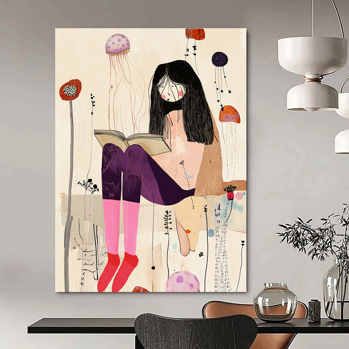 A large abstract collage featuring an eccentric woman with long legs in pastel pink socks and dark purple pants amid whimsical jellyfish and wildflowers.STSC1237