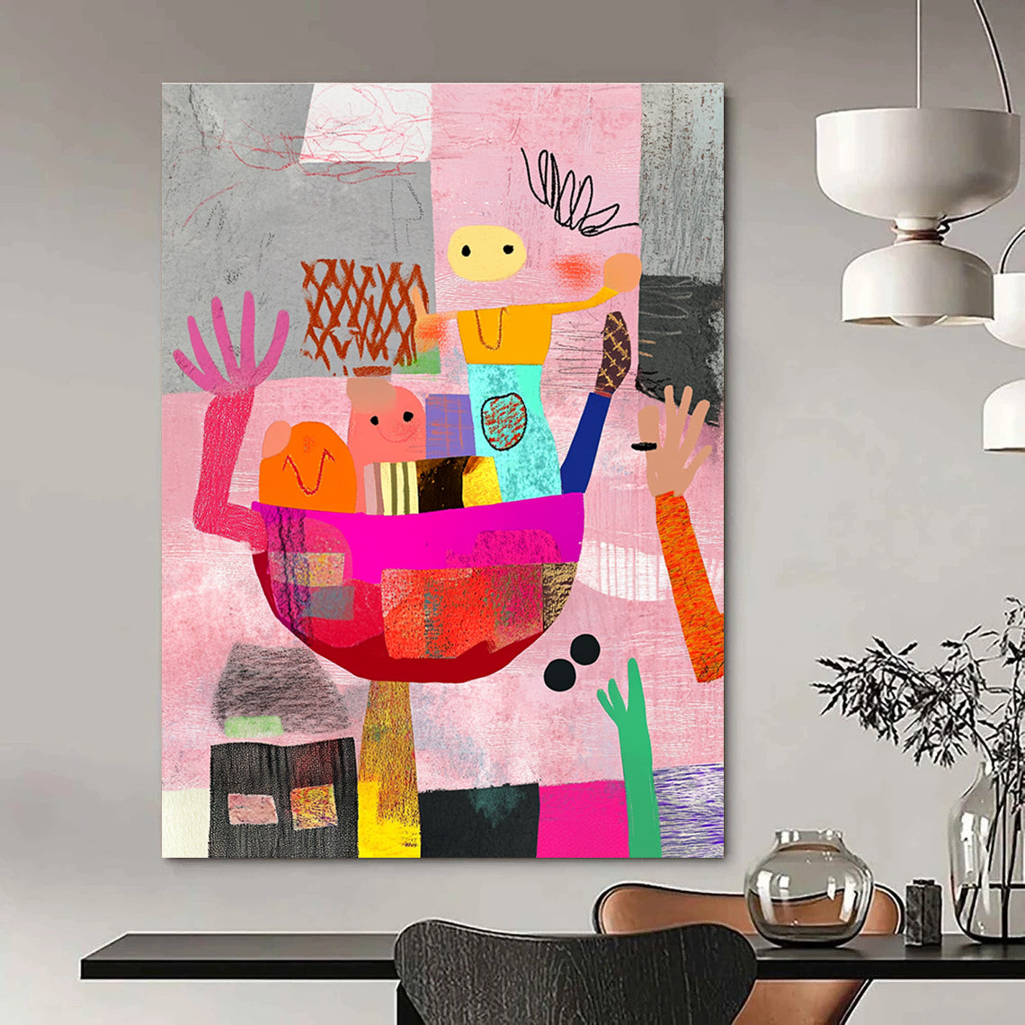 Large abstract artwork featuring whimsical shapes and people carrying an oversized food bowl against a pink and gray backdrop with colorful hand-drawn patterns.STSC968