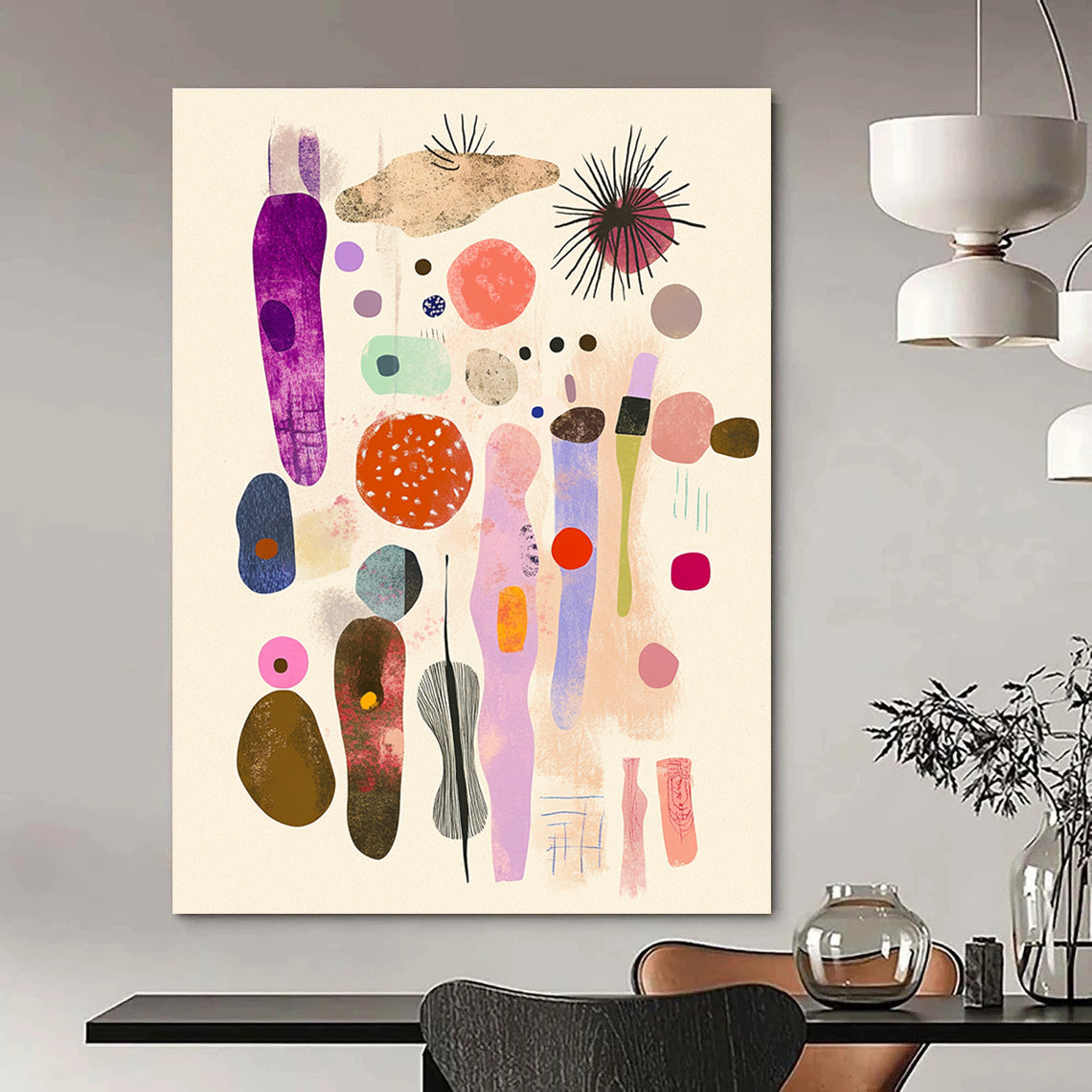Large abstract collage featuring pastel fabrics ribbons and organic shapes designed for mid-century modern interiors. Whimsical yet sophisticated aesthetic.STSC1049