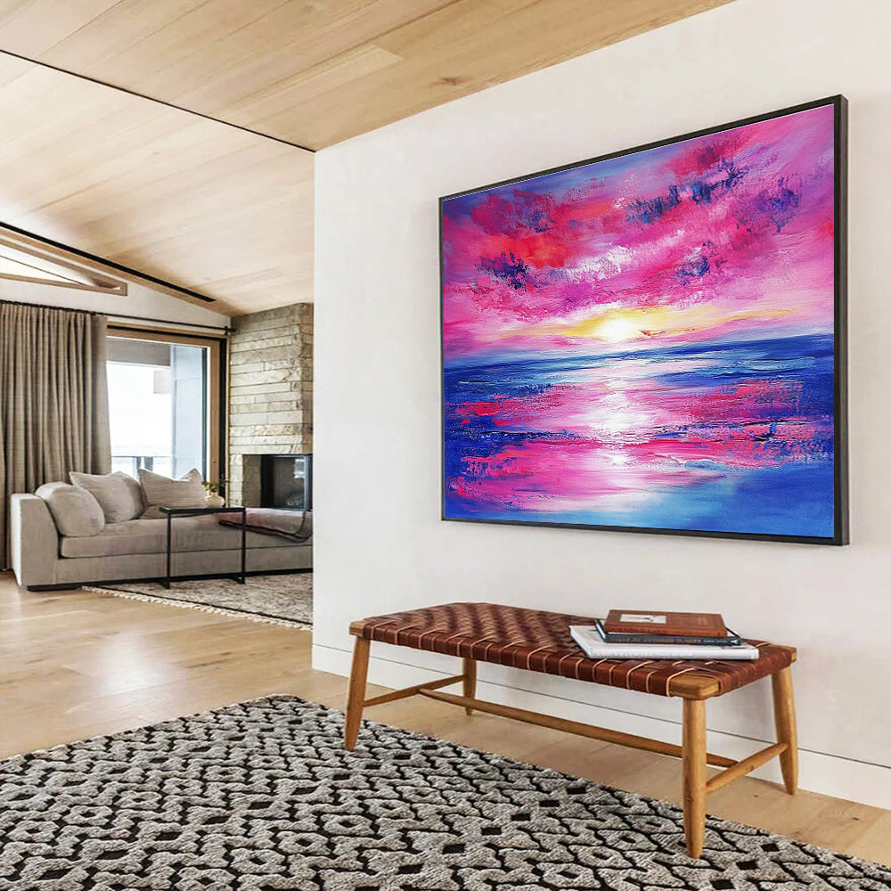 Pink Sky and Sea Abstract Painting with Vivid Sunset Colors DYP128