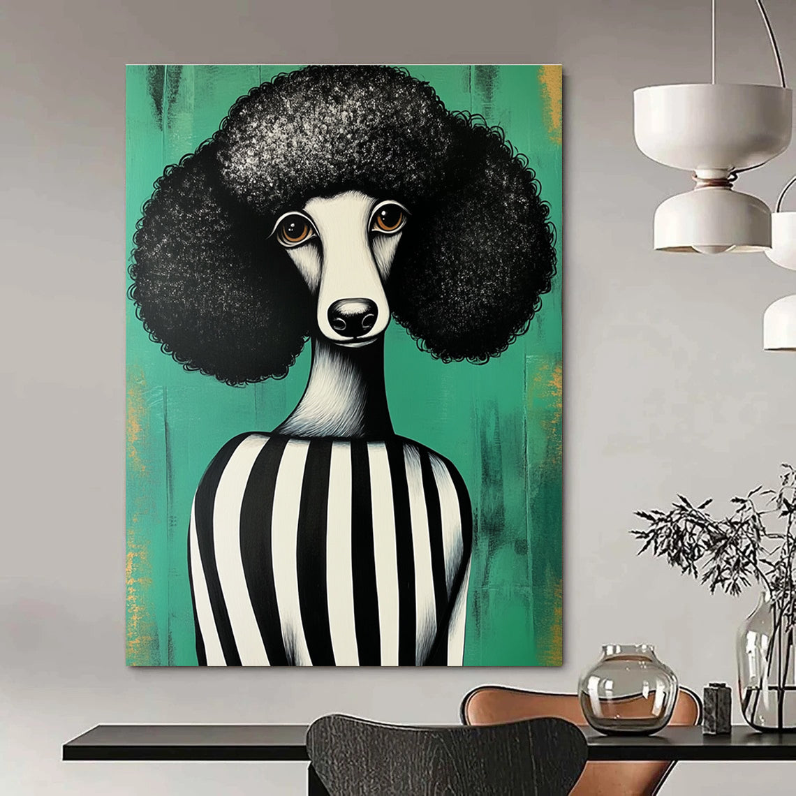 Abstract painting featuring a black and white poodle in a striped dress against a green background inspired by Shepard Fairey style.STSC912