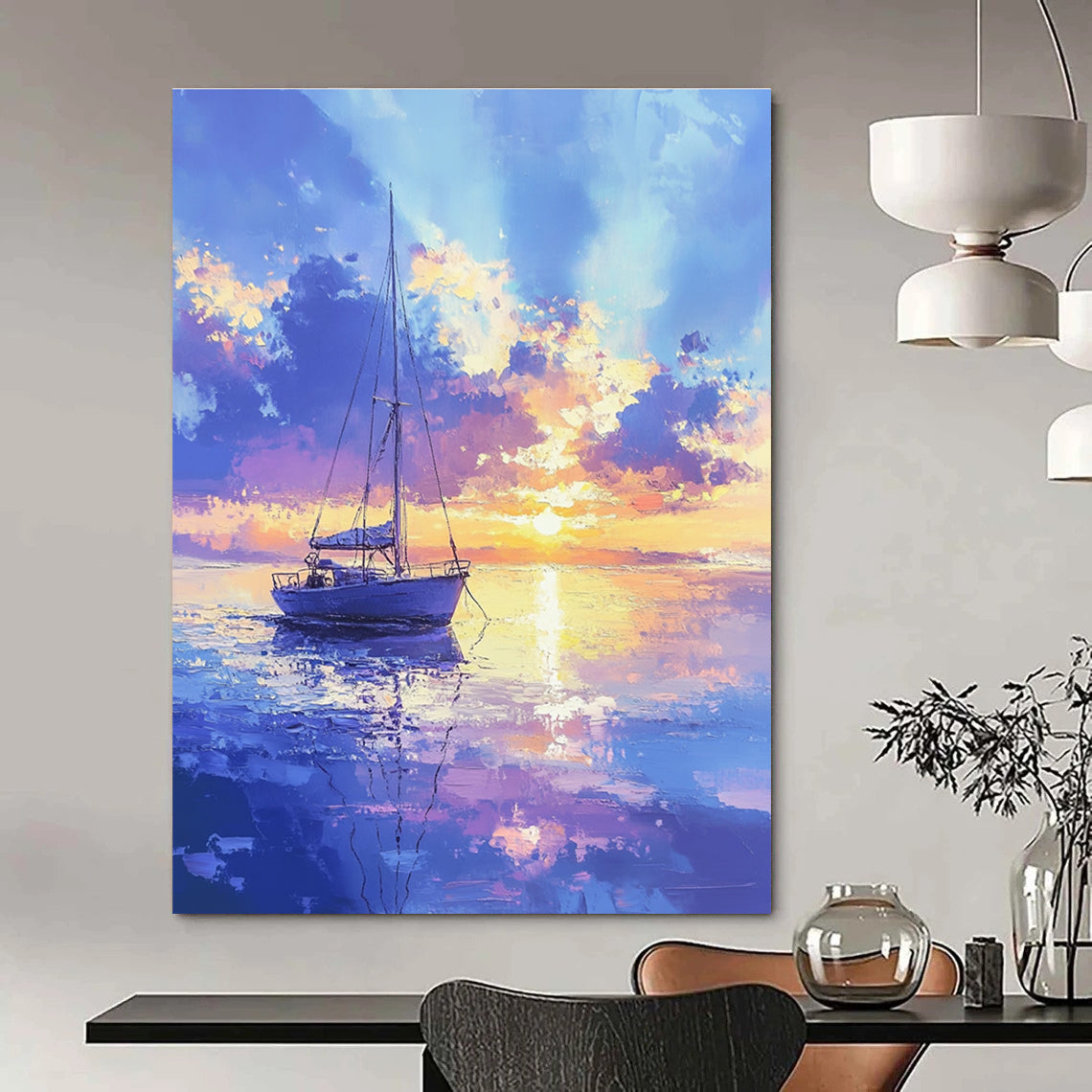 An abstract painting showcasing a beautiful sailboat on a calm sea with pastel hues under a gentle golden hour sky.STSC899