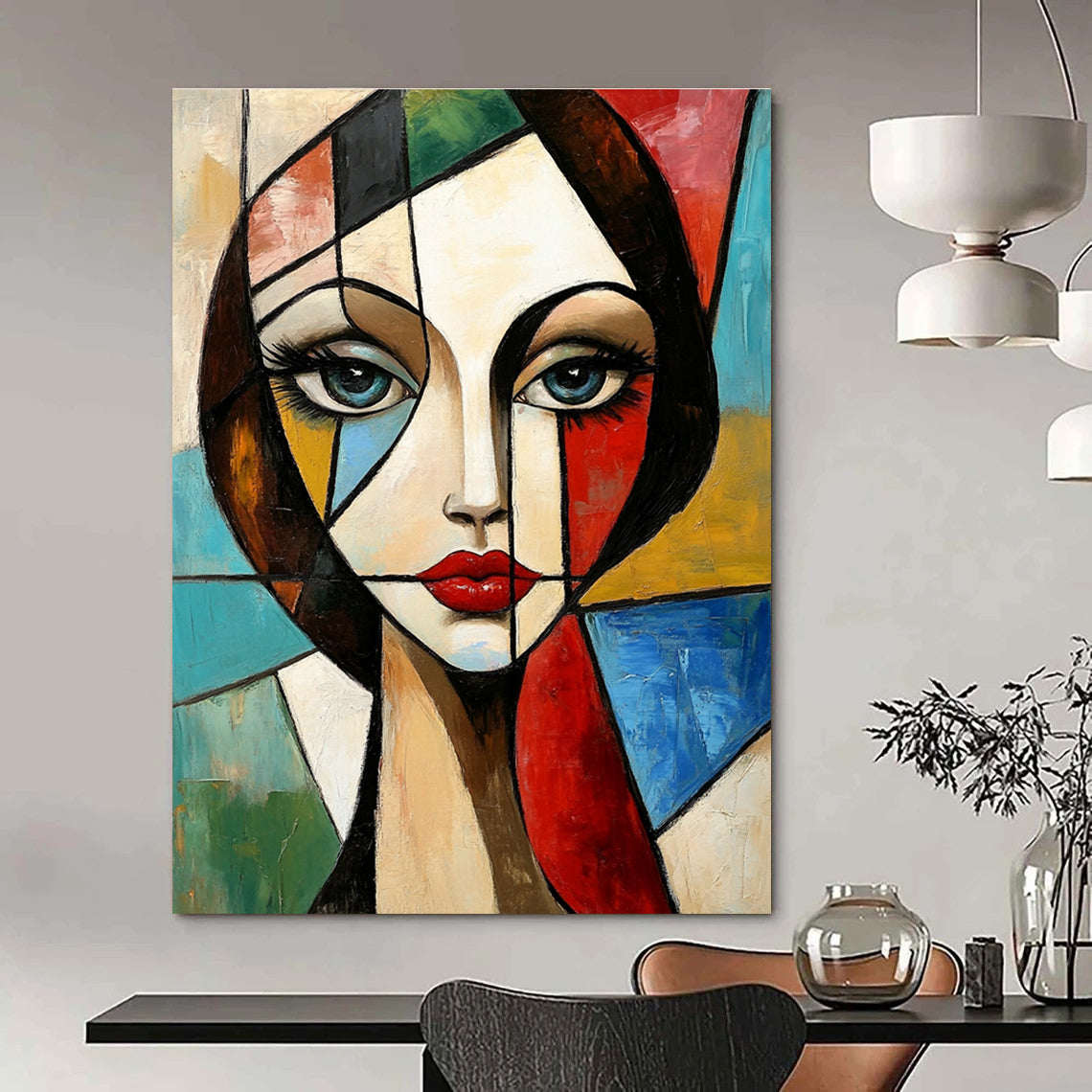 Large abstract painting in Cubism style features a geometric portrait of a woman with vibrant colors and dynamic patterns in the background.STSC1376