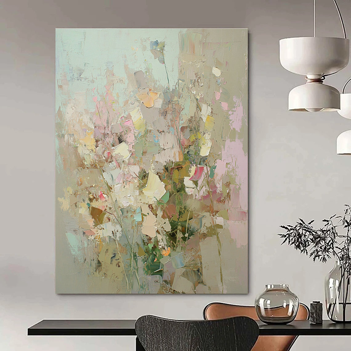Large abstract painting of an overgrown garden with soft pastel colors and thick brushstrokes inspired by Peter Wileman and Cecily Brown.STSC588
