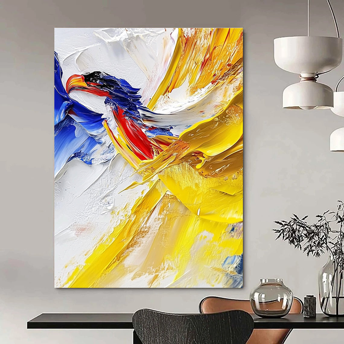Large abstract painting with impasto technique showcasing vibrant yellow and blue hues featuring a detailed vulture against a white cloud background.STSC426