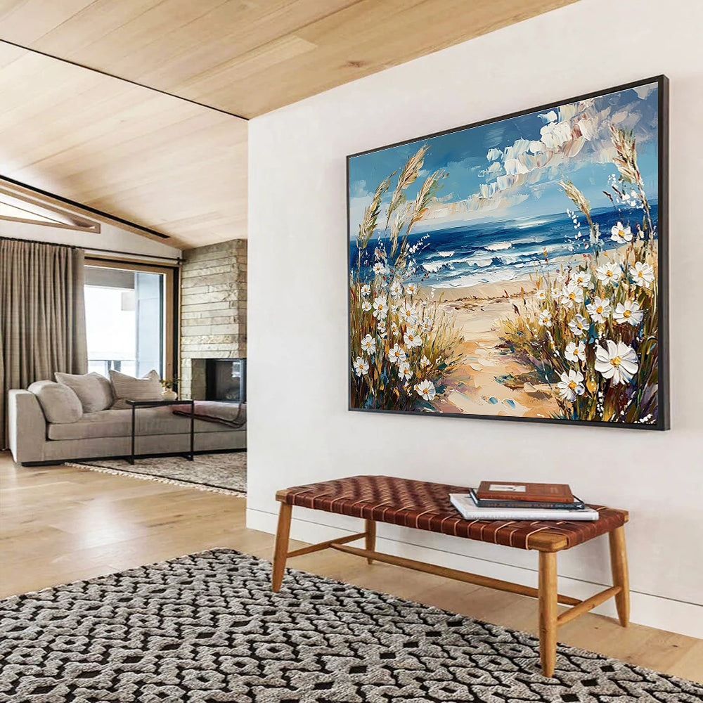 Large abstract painting of the sea with wildflower-covered beach and daisies under a blue sky capturing nature's beauty.SC420