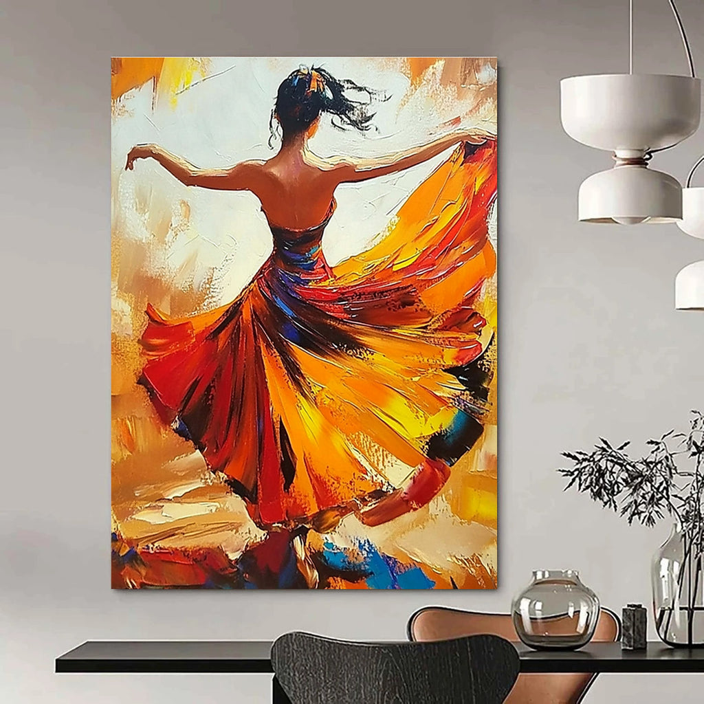 Abstract oil painting of a woman in a flowing flamenco dress dancing with her arms wide open in warm colors.STSC174