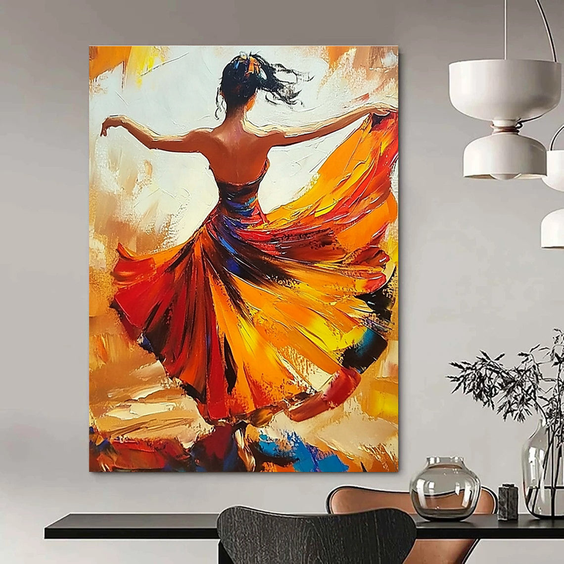 Abstract oil painting of a woman in a flowing flamenco dress dancing with her arms wide open in warm colors.STSC174