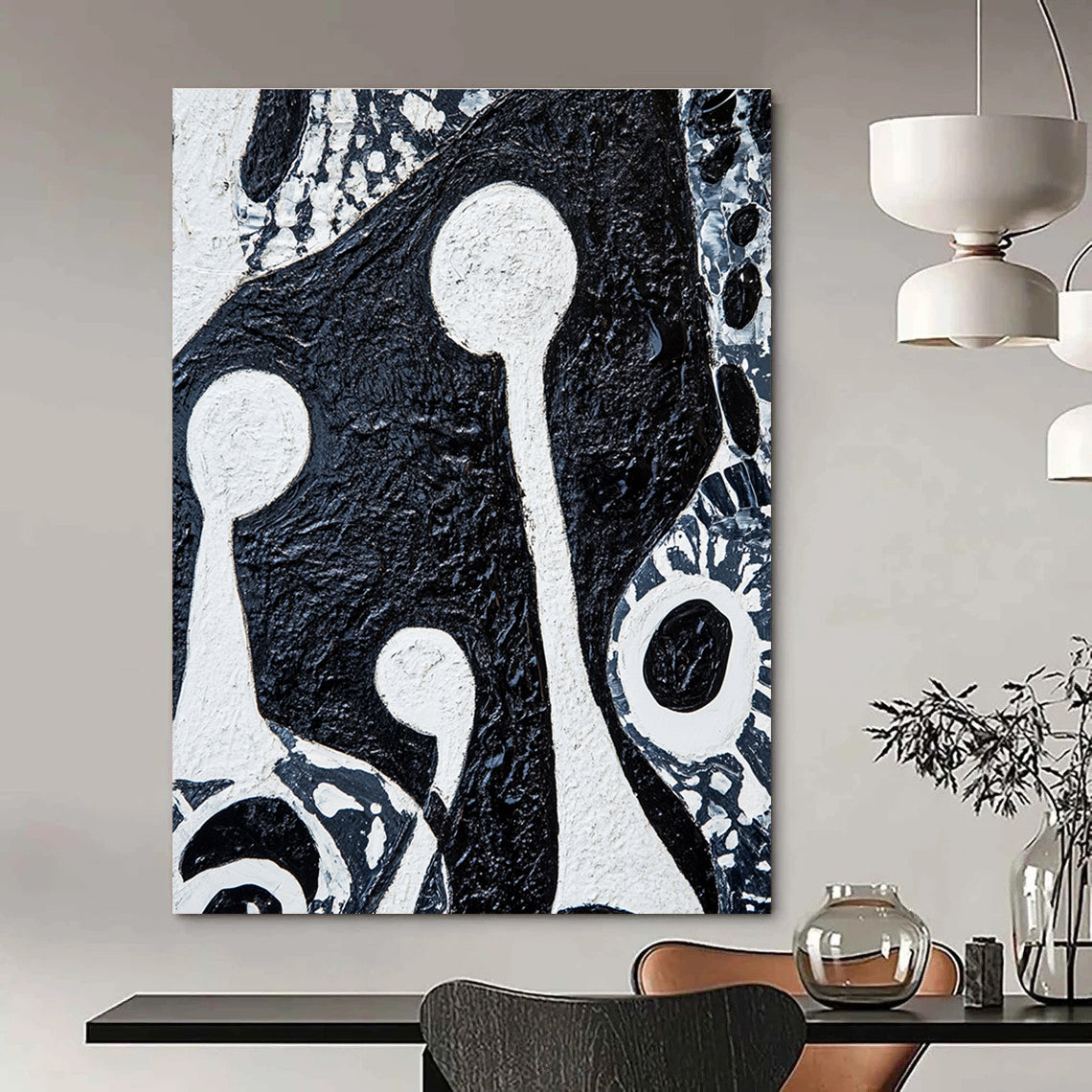 Large abstract painting featuring bold black and white patterns with tribal art elements and two figures holding musical instruments on textured canvas.STSC937