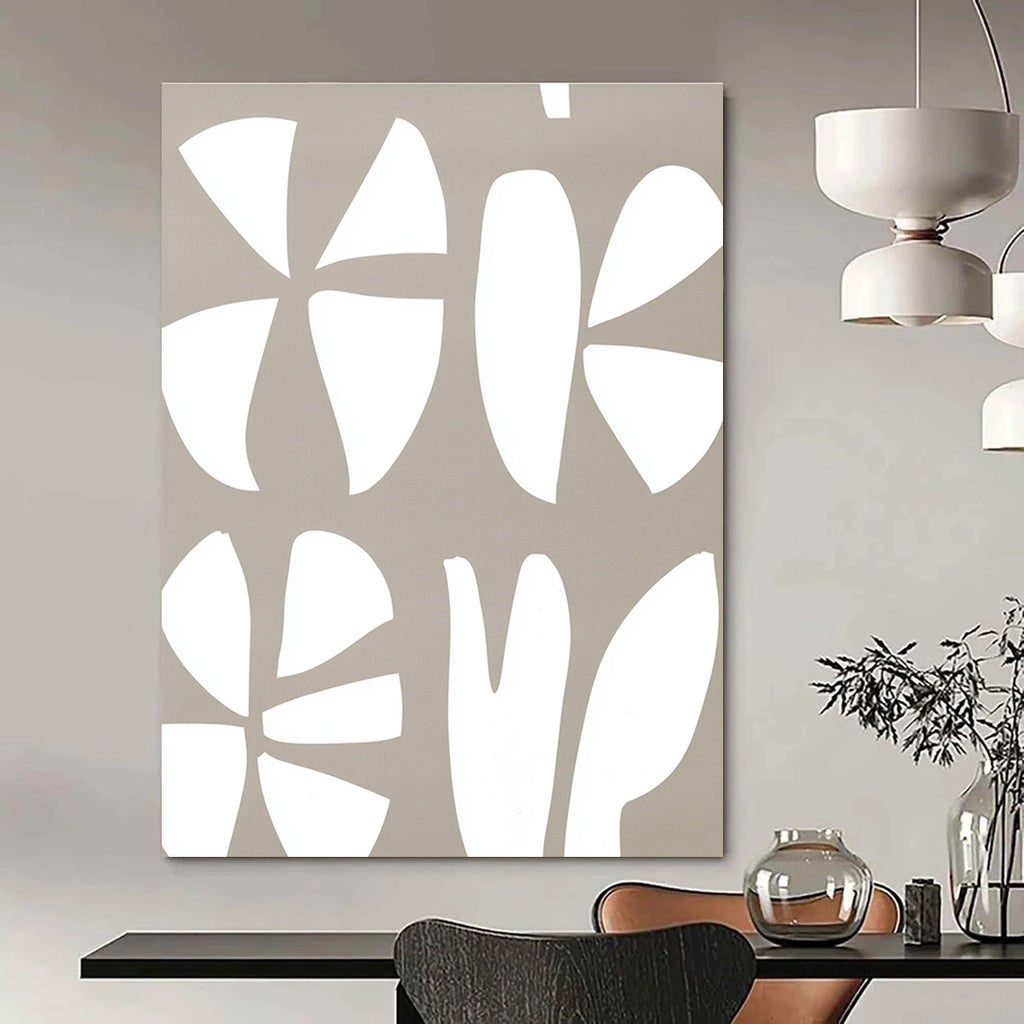 Large abstract painting featuring a white and gray pattern of the number three and two large flowers on a light brown background.STSC1240