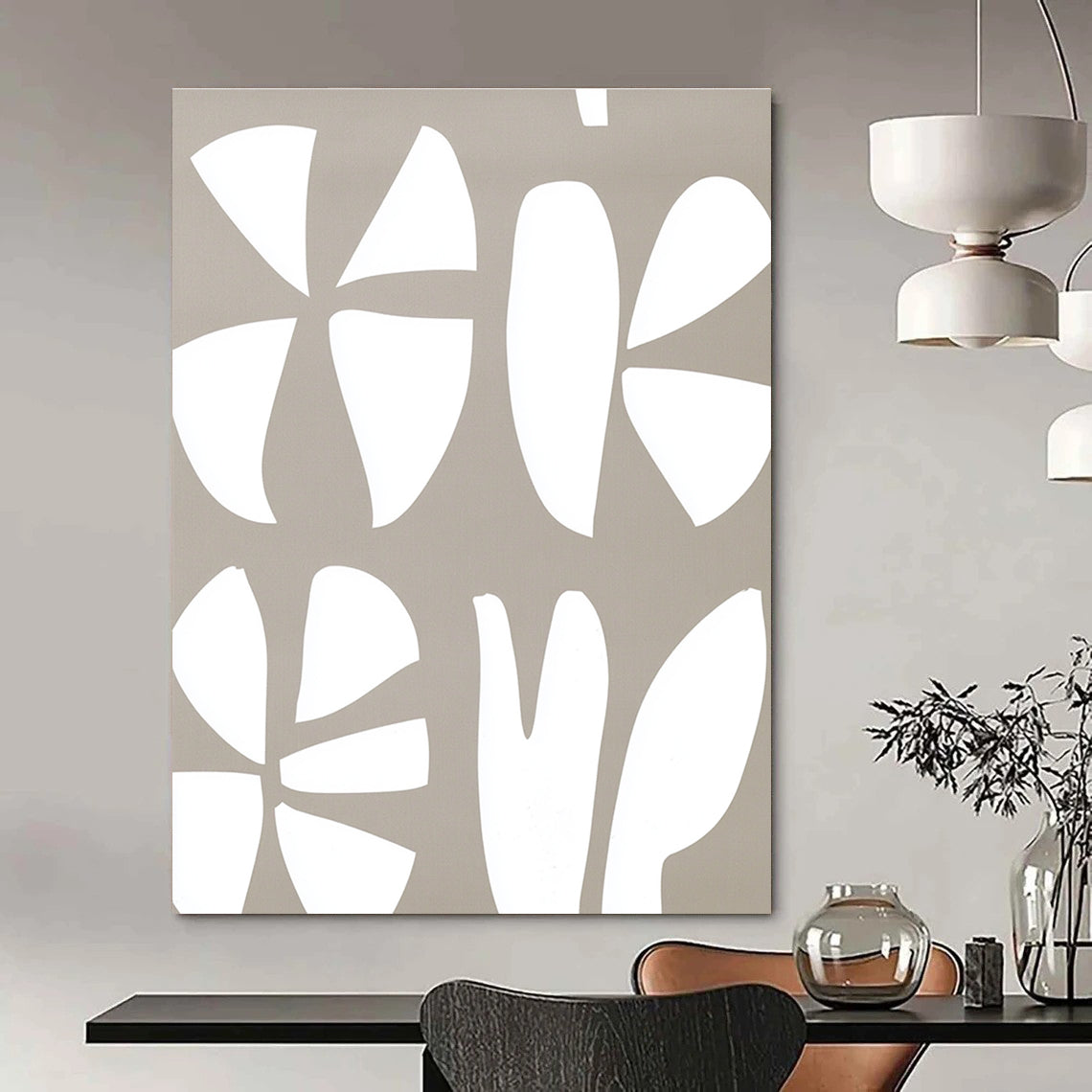 Large abstract painting featuring a white and gray pattern of the number three and two large flowers on a light brown background.STSC1240