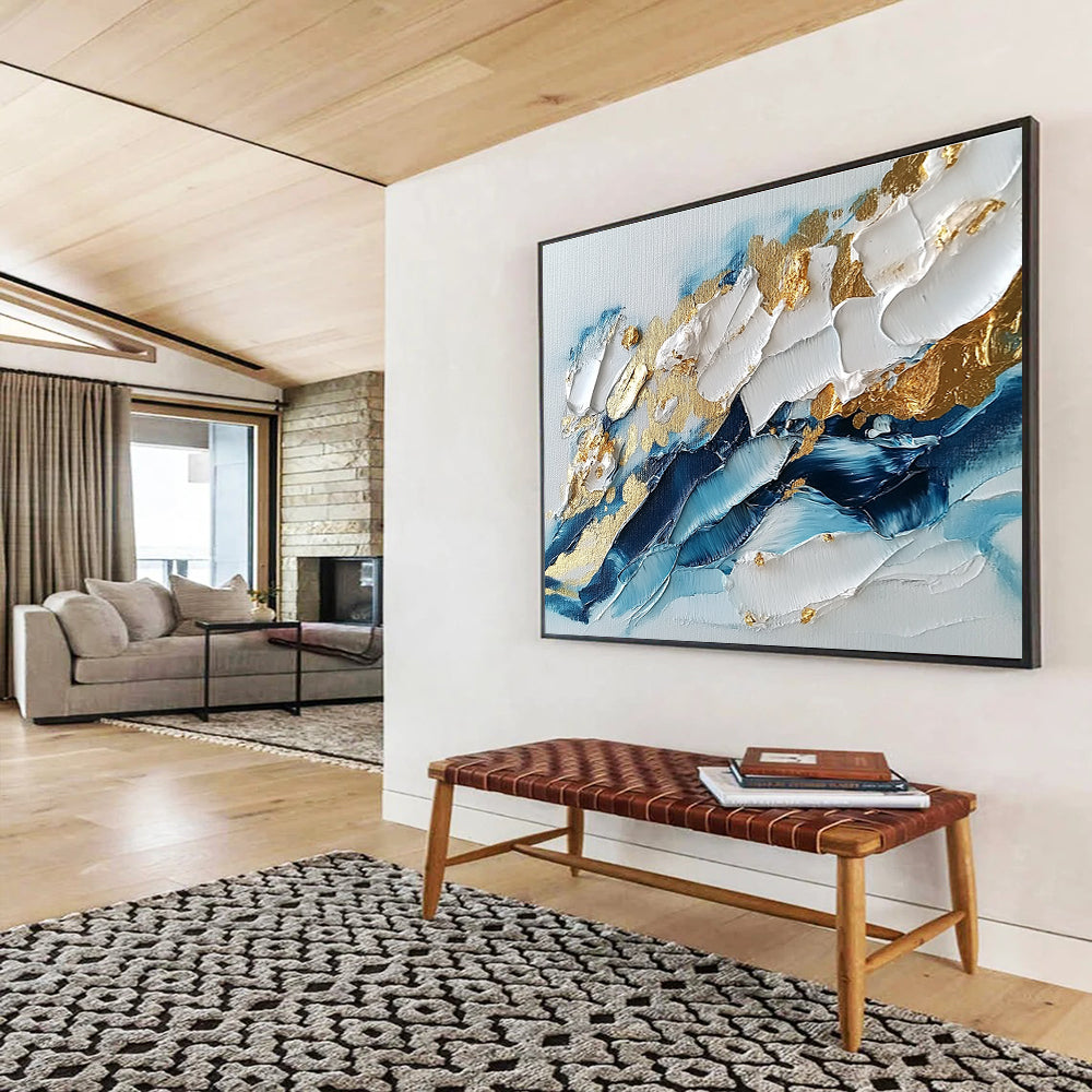 Blue White Gold Textured Abstract Painting with Thick Brushstrokes DYP260