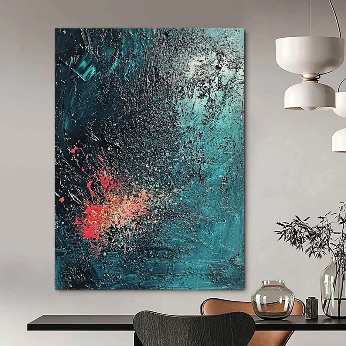 Large Abstract Painting with a Textured Surface in Dark Blue and Emerald Green evoking a Mysterious Deep Sea Atmosphere with Coral Reef Hints.STSC734