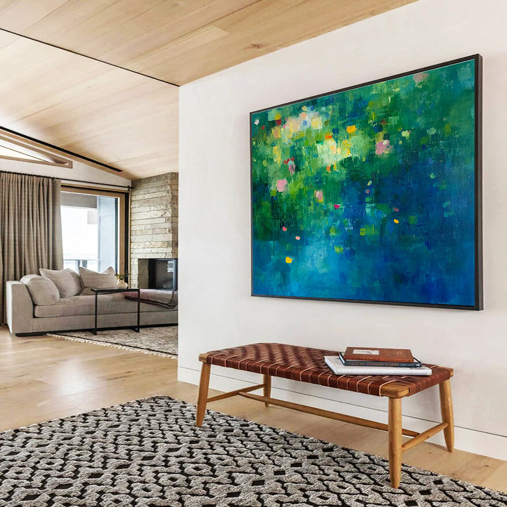 Colorful Floral Abstract Painting with Green and Blue Background DYP503