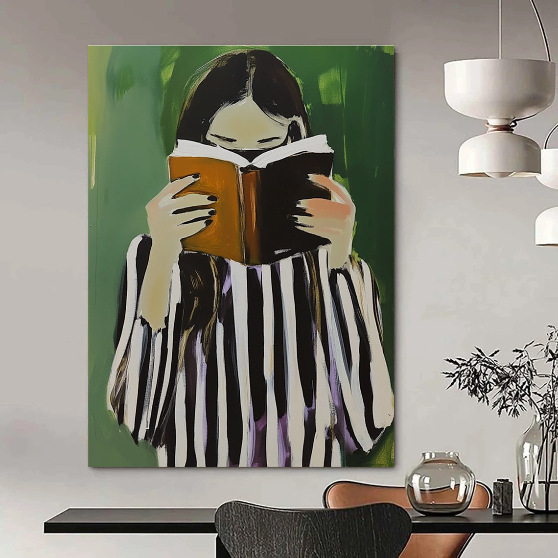 A large abstract painting featuring a woman in black and white stripes holding a book and coffee against a green background.STSC1258