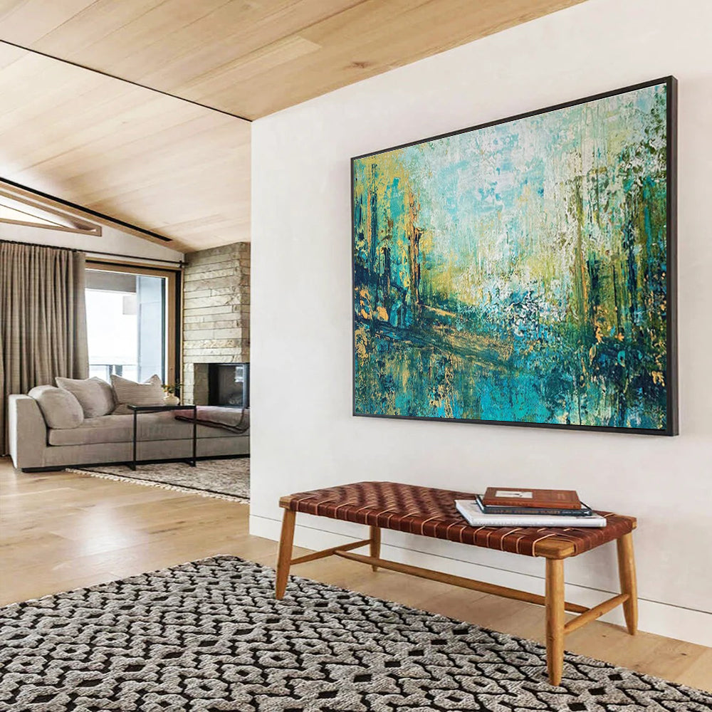 Teal Gold Abstract Painting with Forest Path Themes THY357