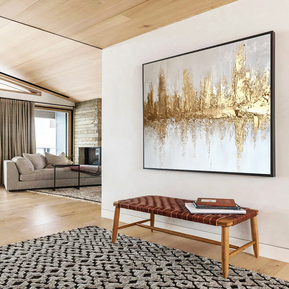 Gold and White Cityscape Abstract Painting with Textured Gold Accents DYP312